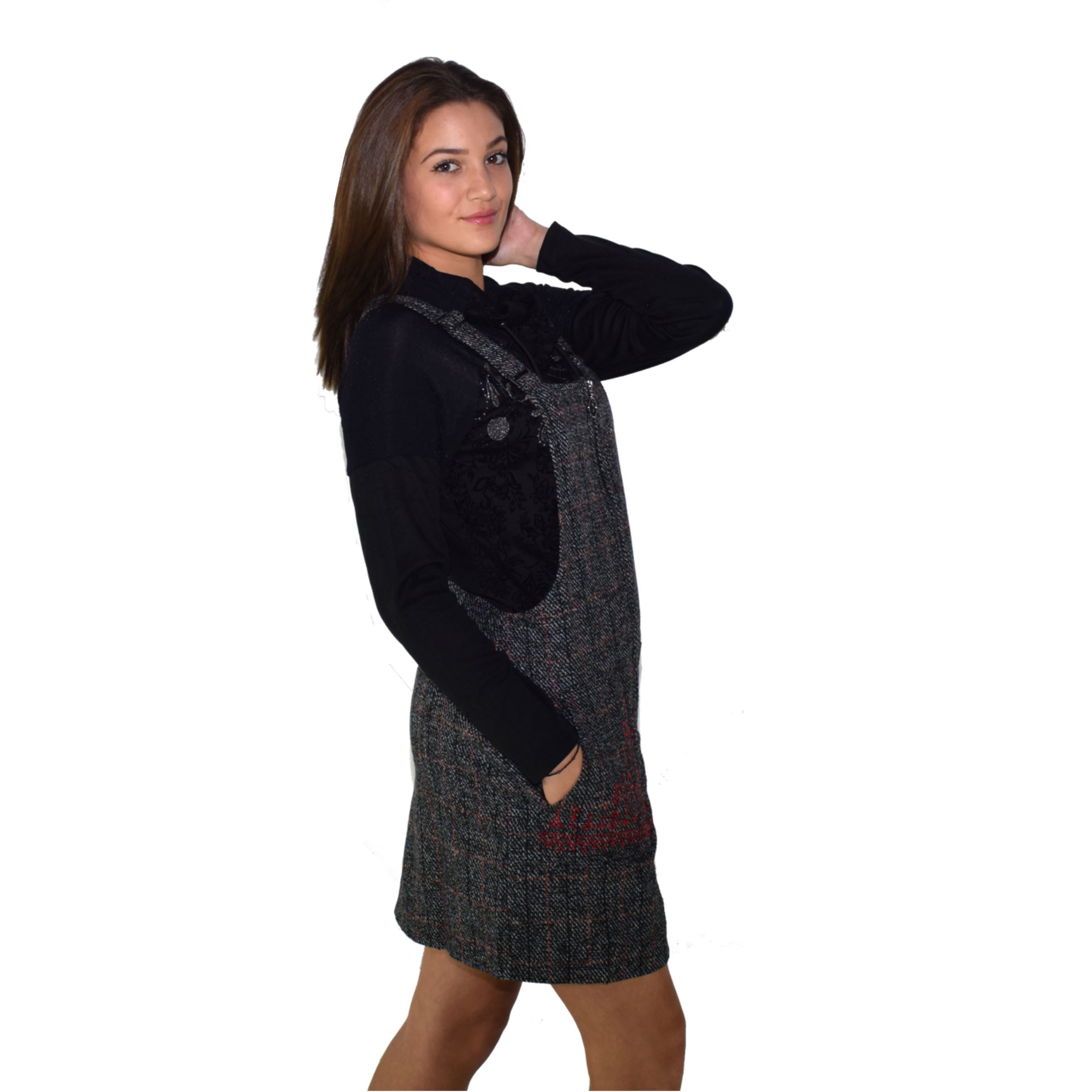 Vestido Pichi Tweed Mujer Bolsillos Bordados – Koroshi Negro