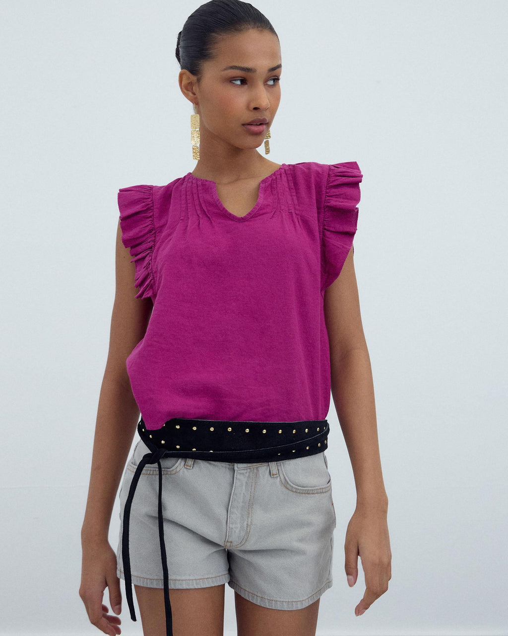 Blusa Sin Mangas Volantes Fucsia