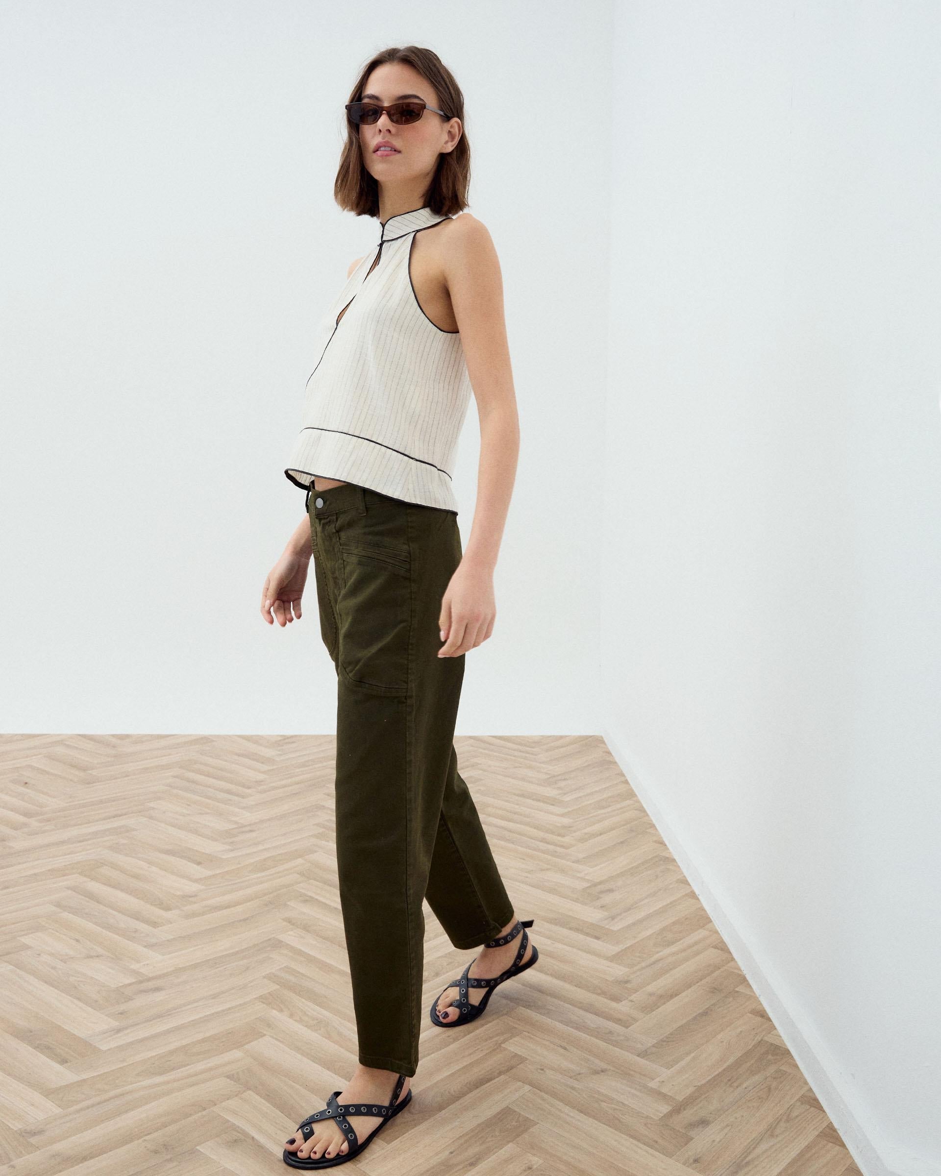 Jeans Bolsillos Ribeteados Verde Oscuro