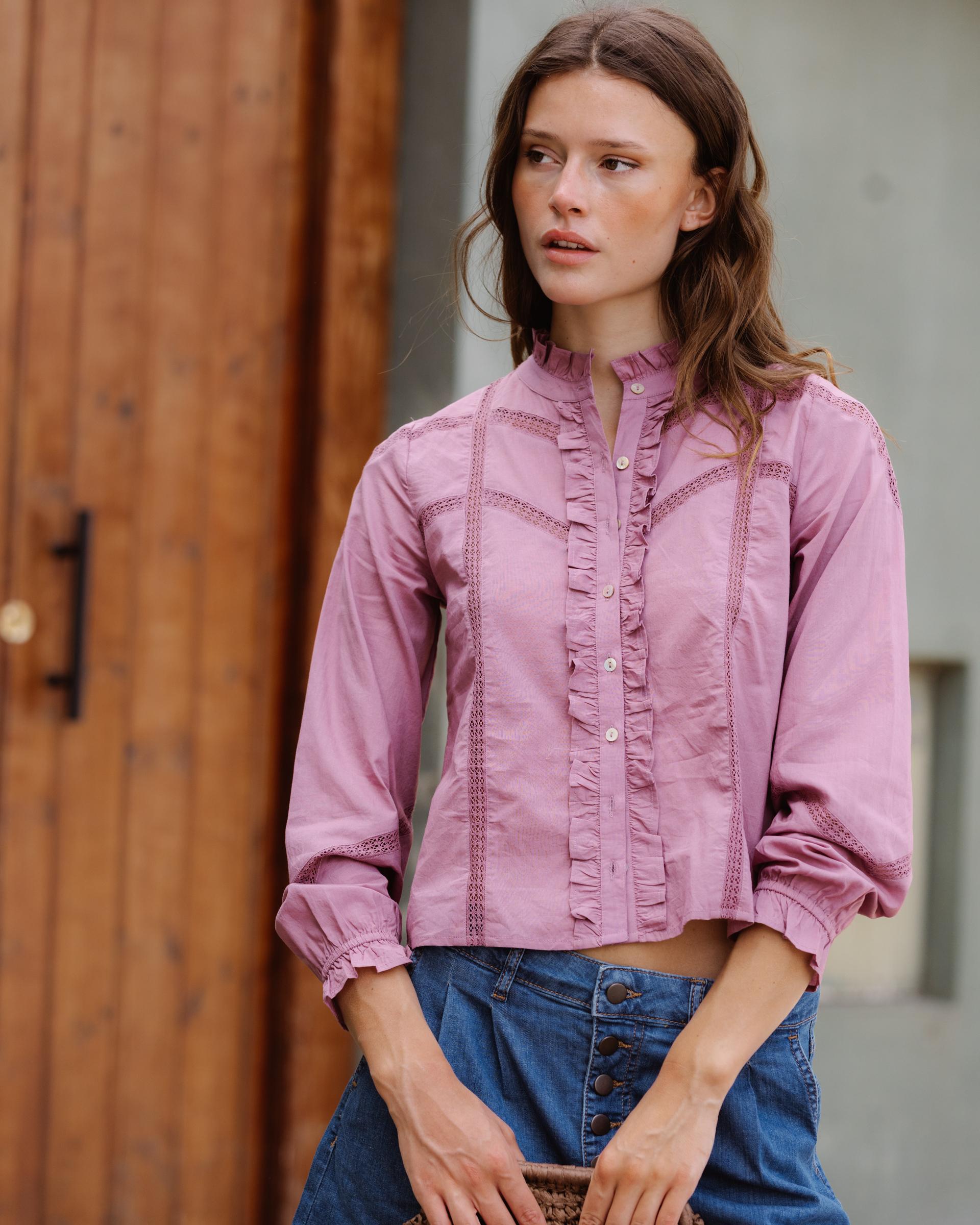 Blusa Puntillas Volante Delantero Rosa