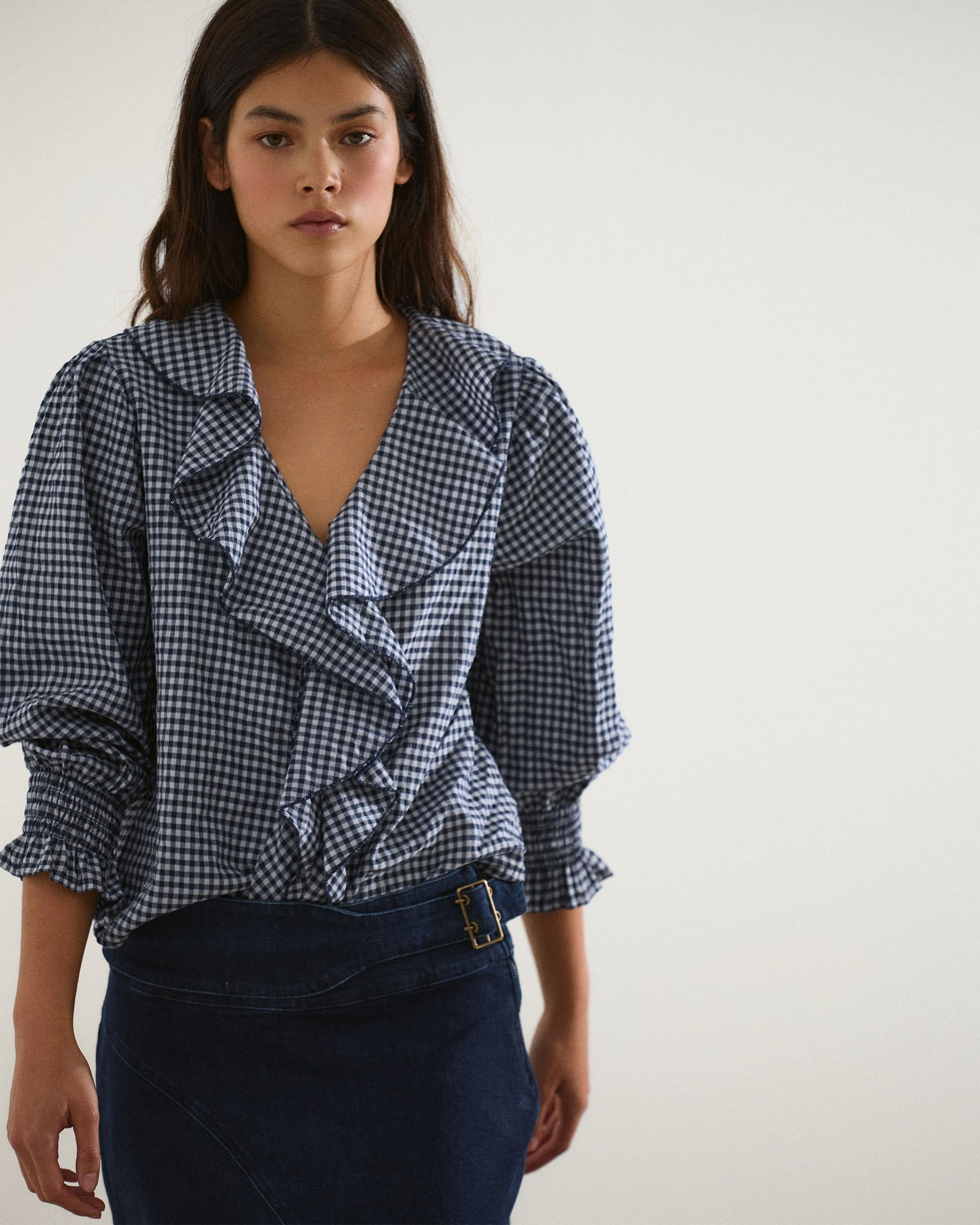 Blusa Volantes Delanteros Vichy Azul Oscuro