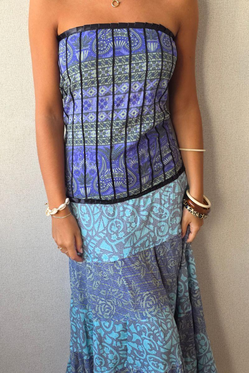 Vestido palabra de honor con telas Indias turquesa