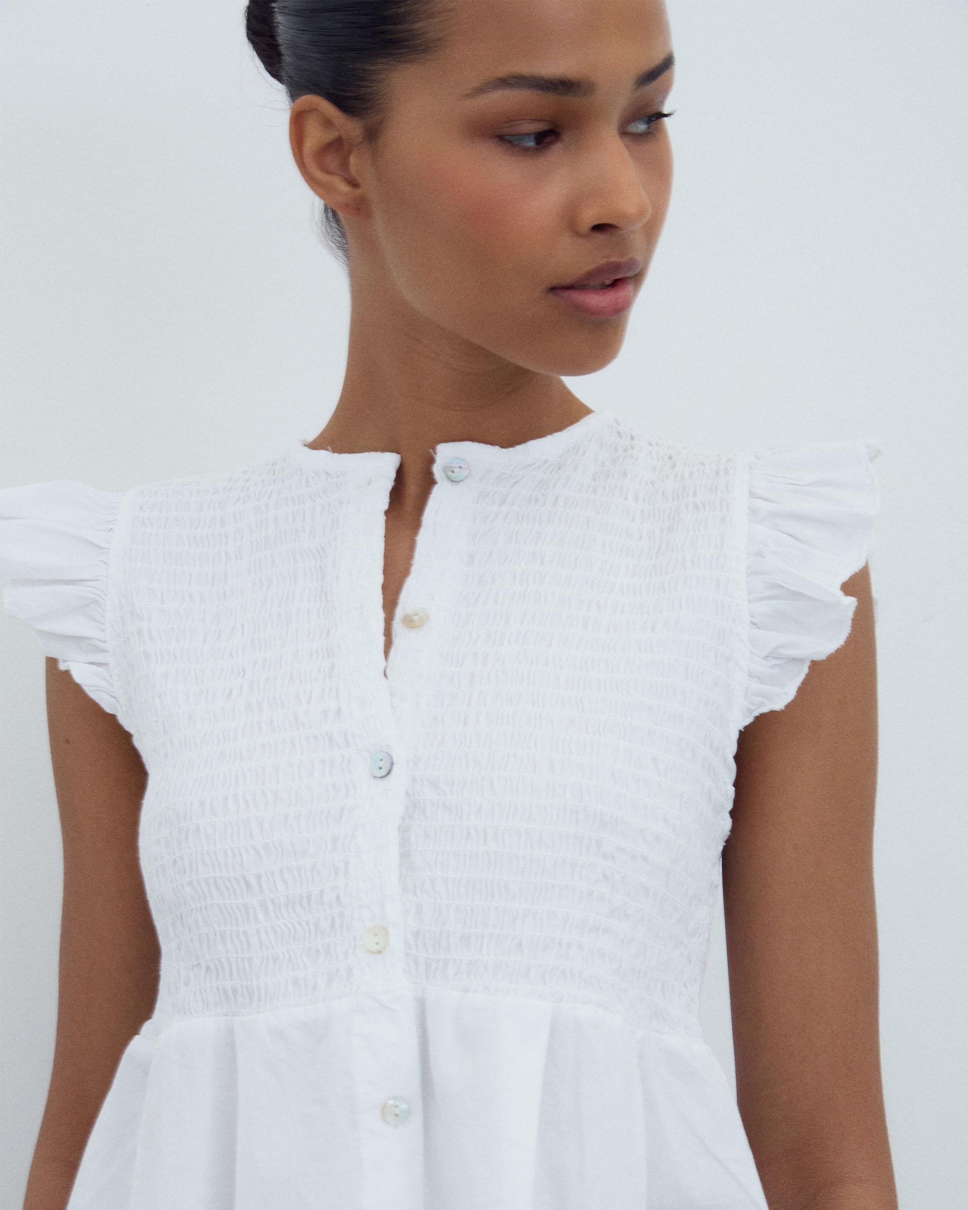 Blusa Nido De Abeja Botones Delantero Blanca