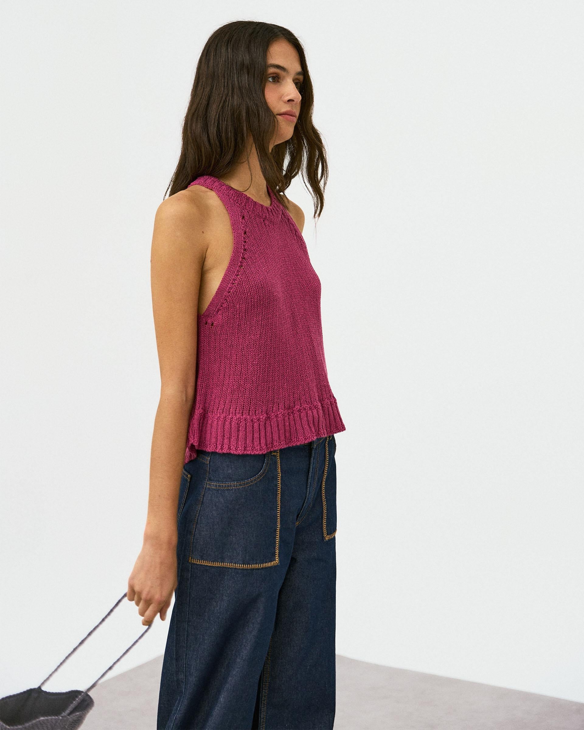 Top Punto Sin Mangas Cuello Redondo Rib Rosa