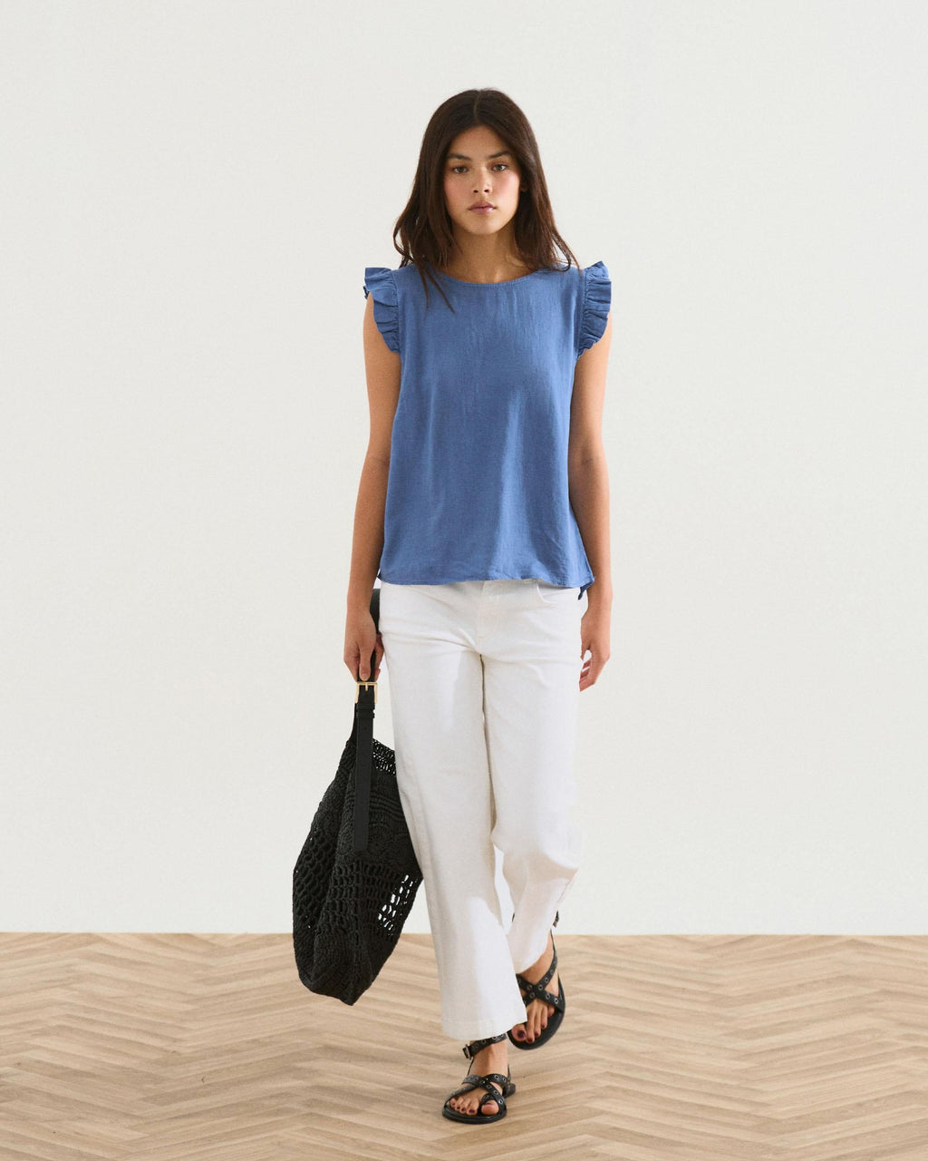 Top Botones Espalda Con Lino Azul