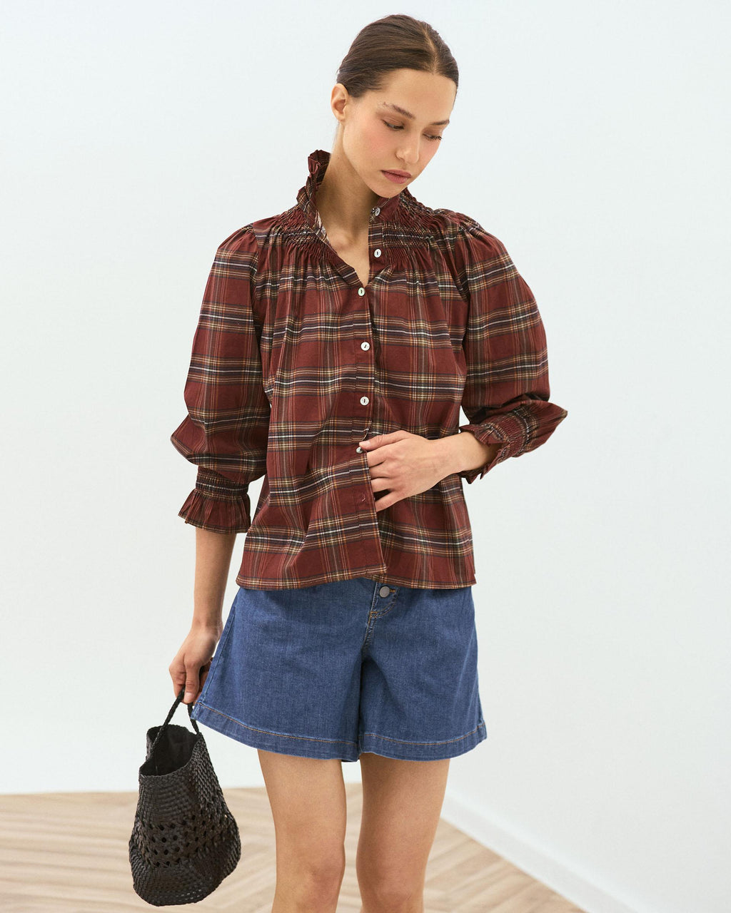 Blusa Nido De Abeja Cuello Cuadros Granate