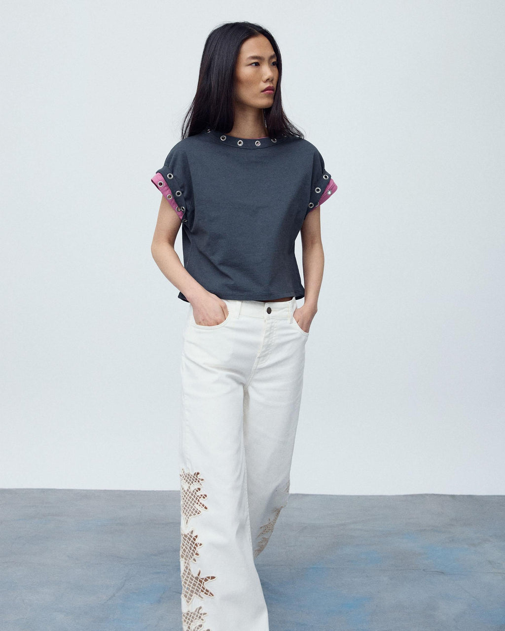 Camiseta Manga Corta Eyelets Antracita