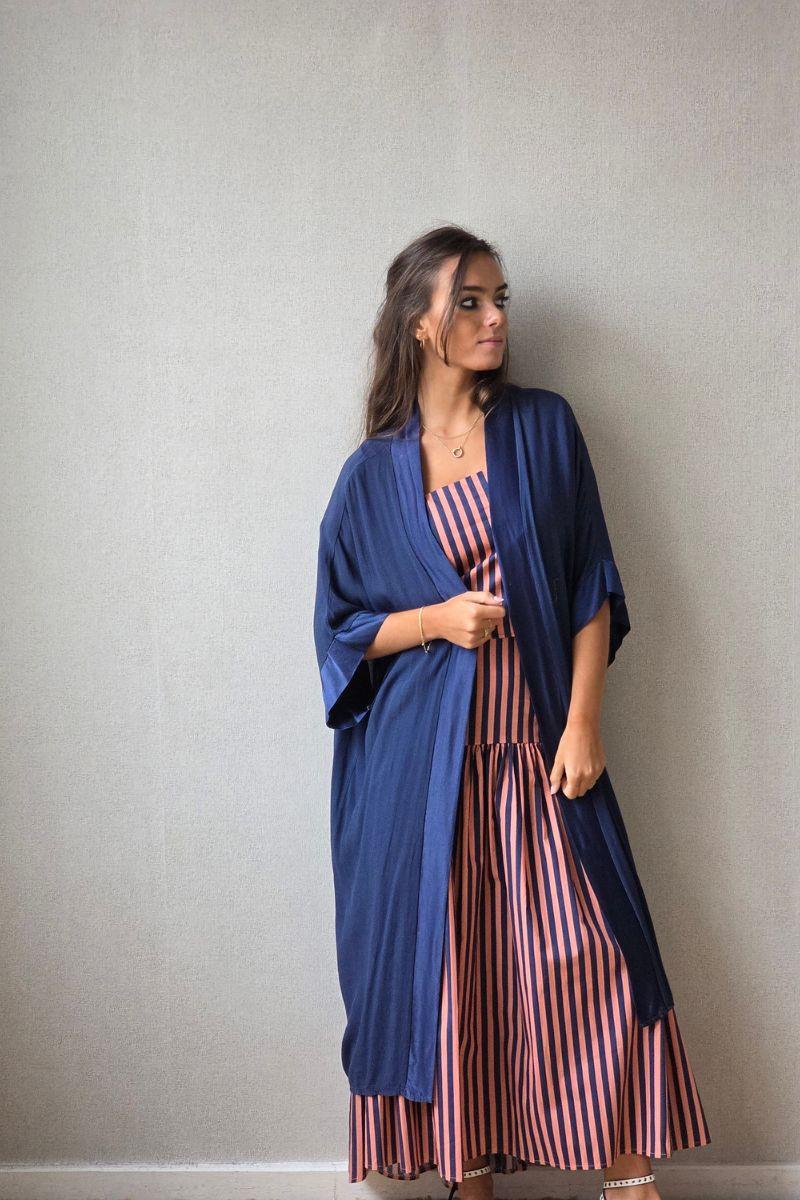 Kimono largo liso azul marino