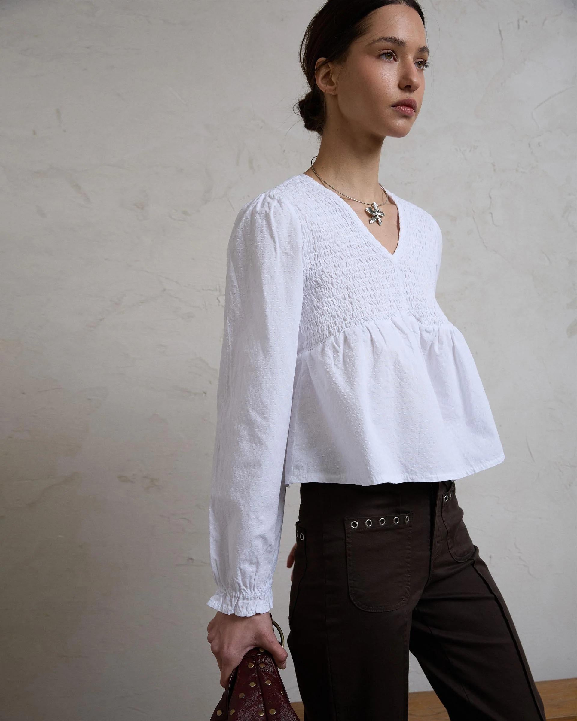 Blusa Escote Nido De Abeja Blanca