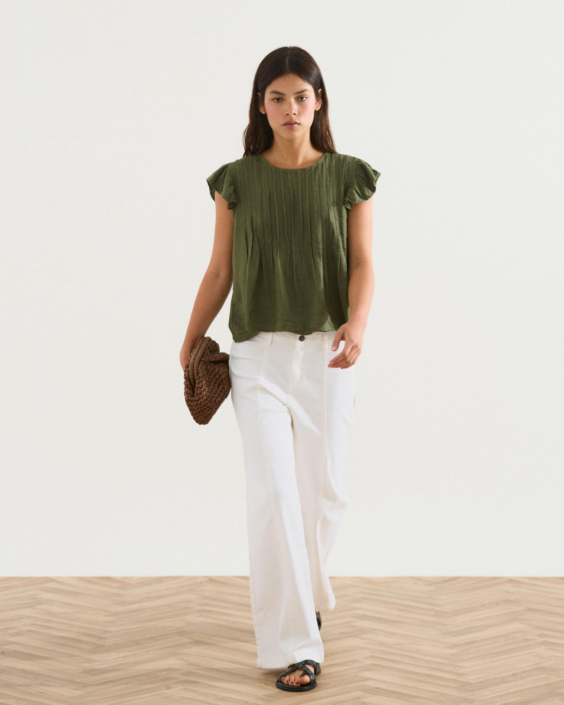 Blusa Jaretas Con Lino Verde Oscuro