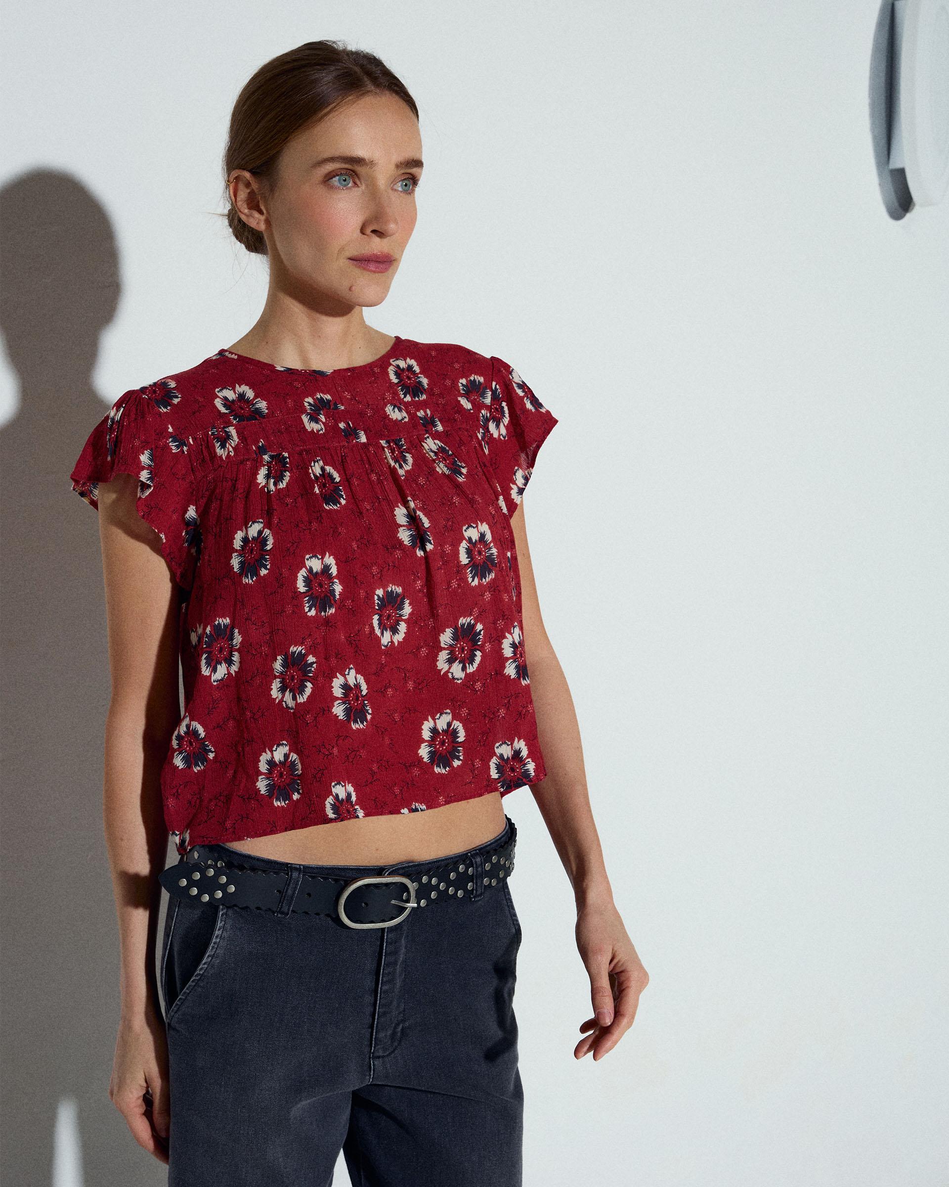 Blusa Manga Corta Pliegues Estampado Floral Coral