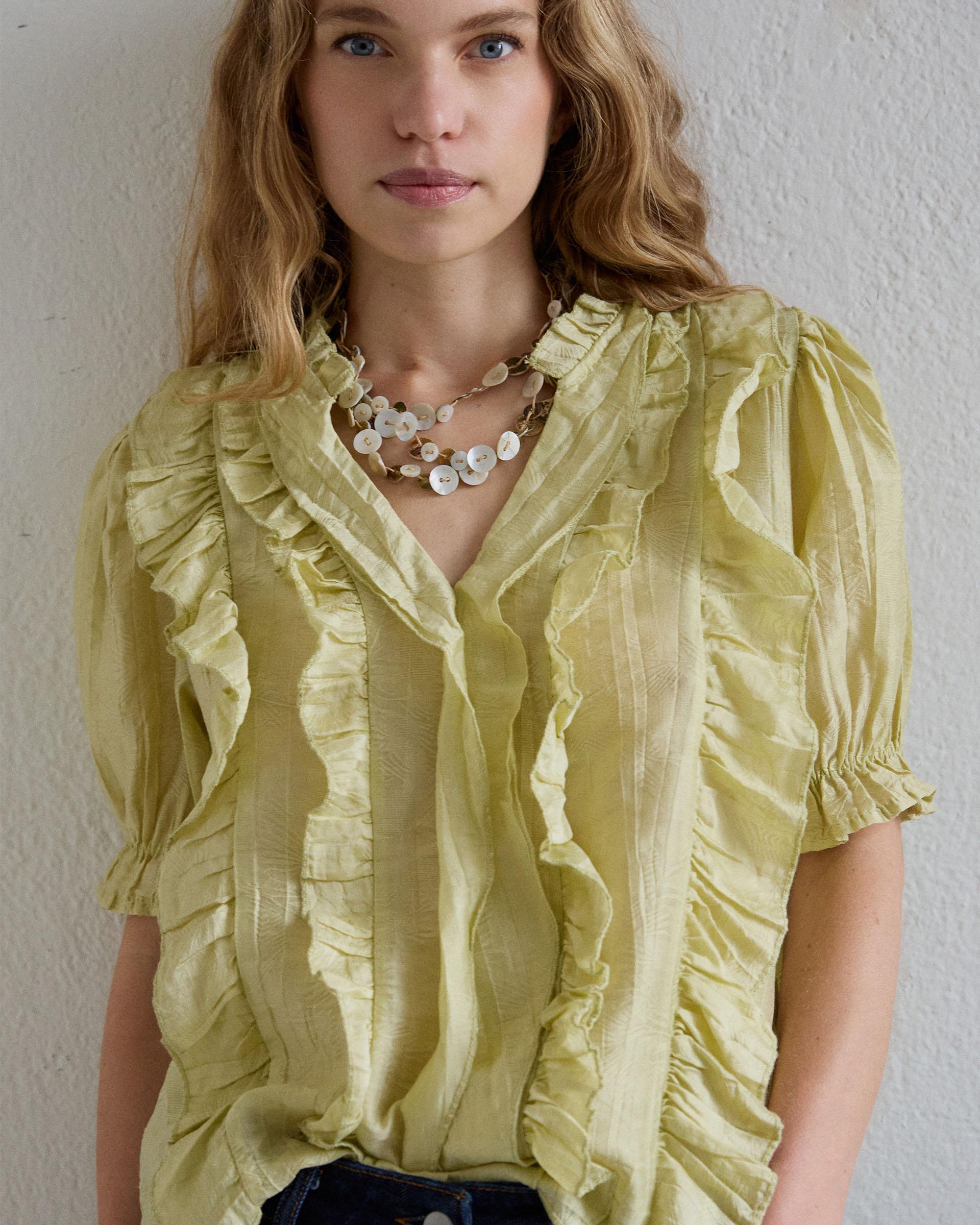 Blusa Manga Corta Volantes Escote V Verde