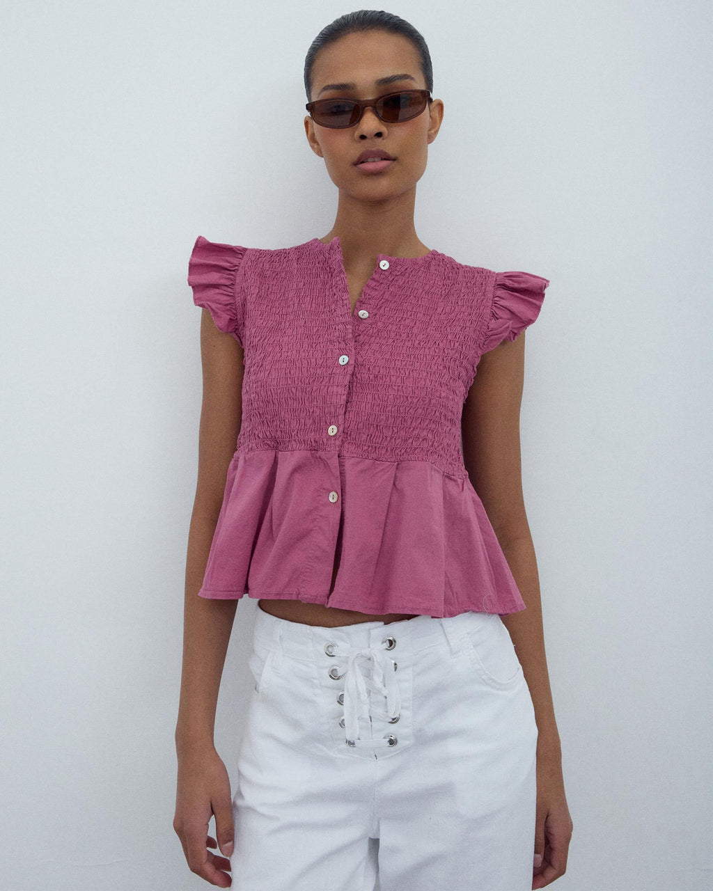Blusa Nido De Abeja Botones Delantero Rosa