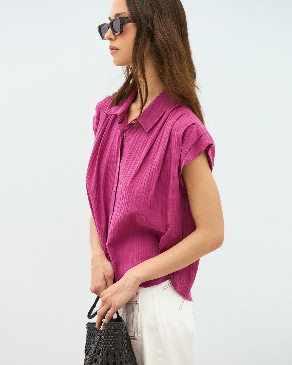 Camisa Sin Mangas Pliegues Fucsia