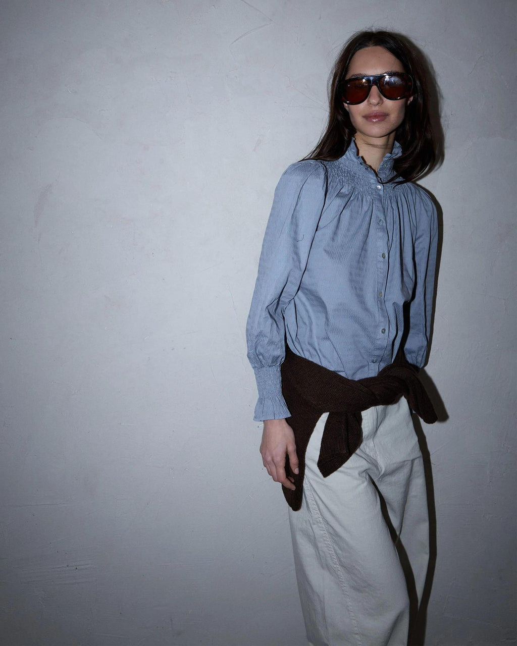 Blusa Nido De Abeja Cuello Azul Claro