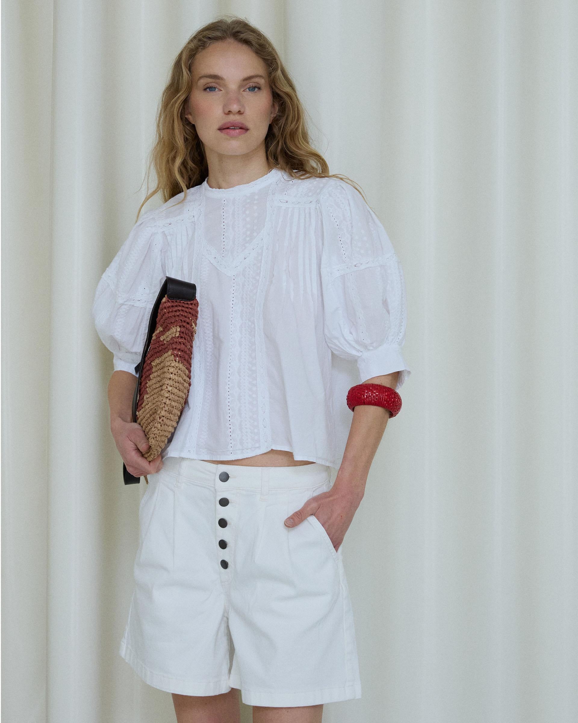 Blusa Manga Francesa Puntillas Jaretas Blanca
