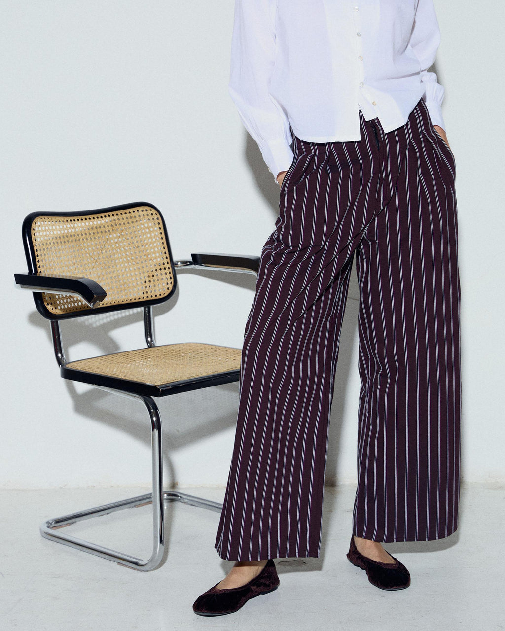 Pantalón Rayas Wide Leg Pinzas Marrón