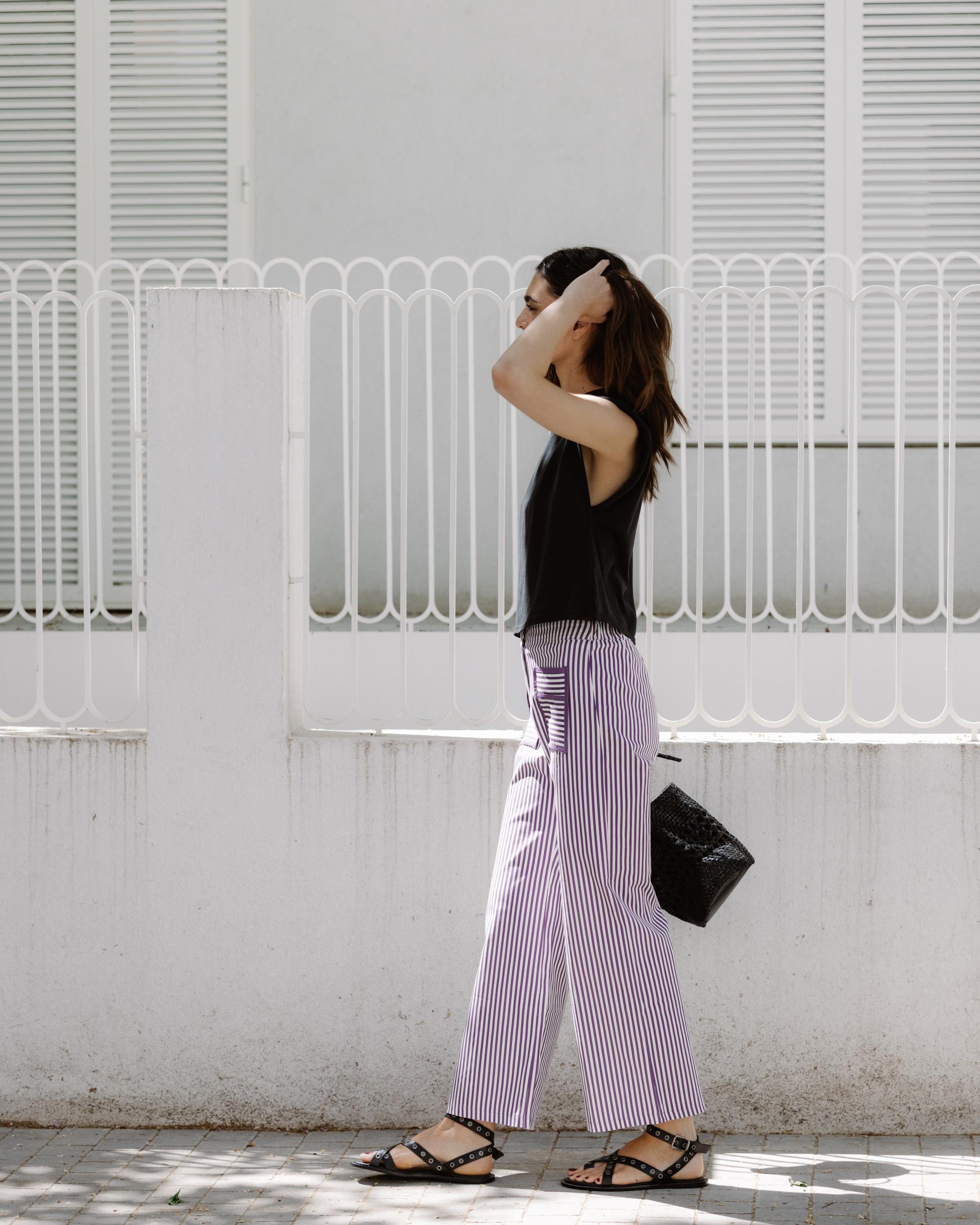 Jeans Rayas Bolsillos Contraste Morado
