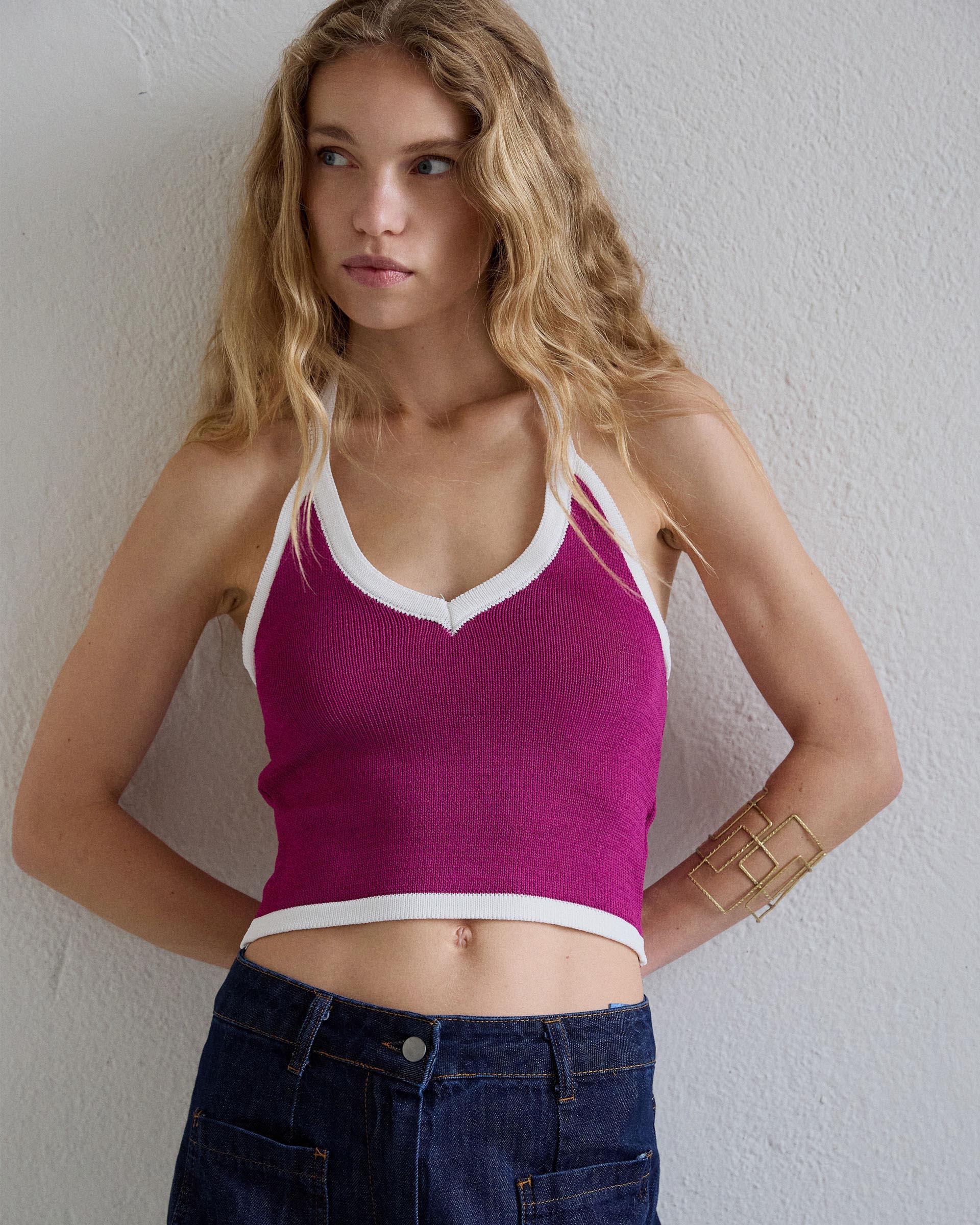 Top Punto Halter Contraste Fucsia