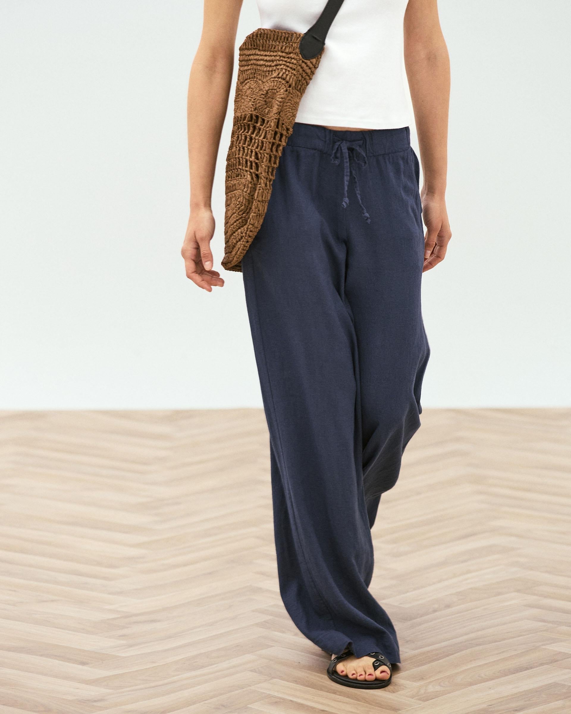 Pantalón Fluido Cordon Con Lino Azul Marino