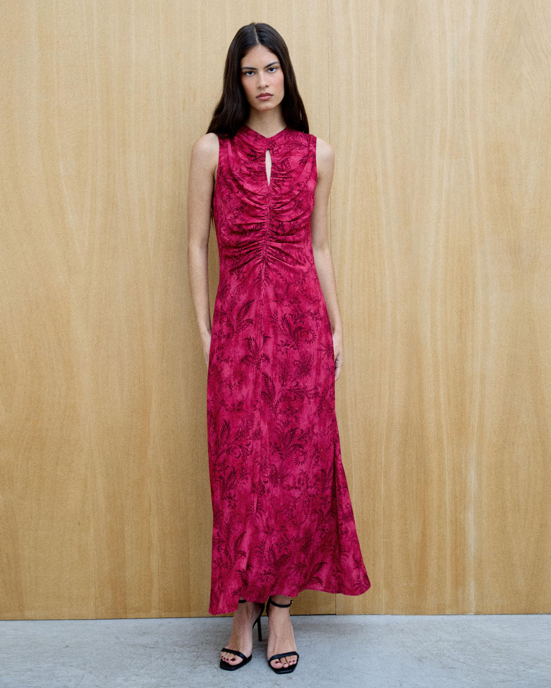Vestido Fruncido Delantero Estampado Fucsia