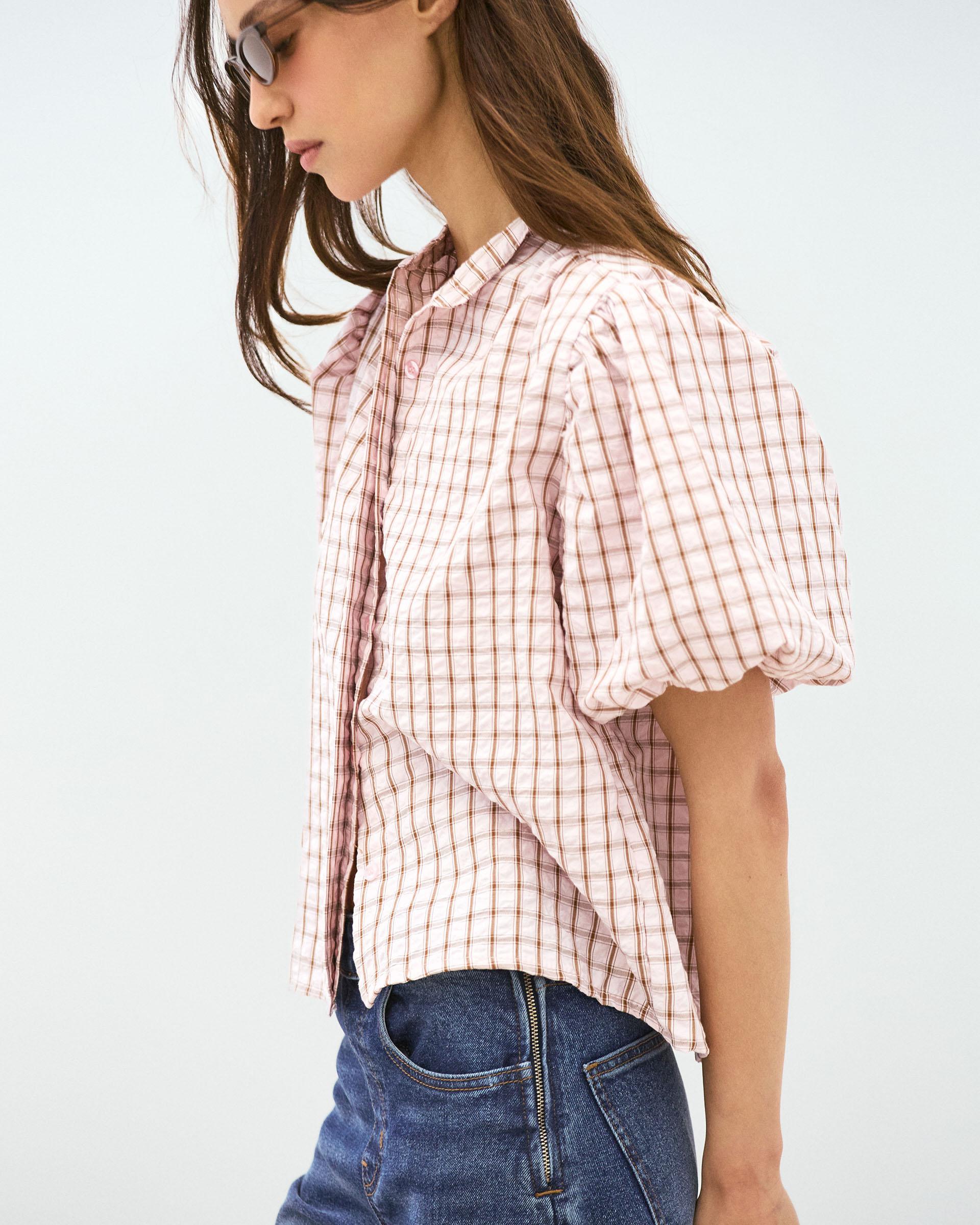 Blusa Manga Abullonada Cuadros Rosa