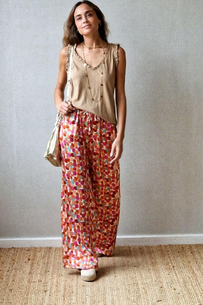 Pantalón tipo raso estampado amebas coral