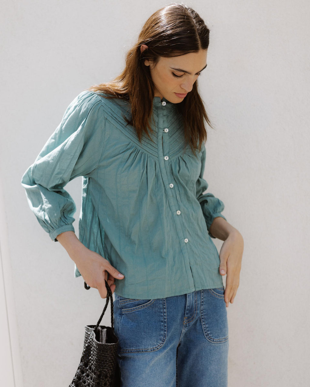 Blusa Tejido Rayas Puntillas Verde Agua