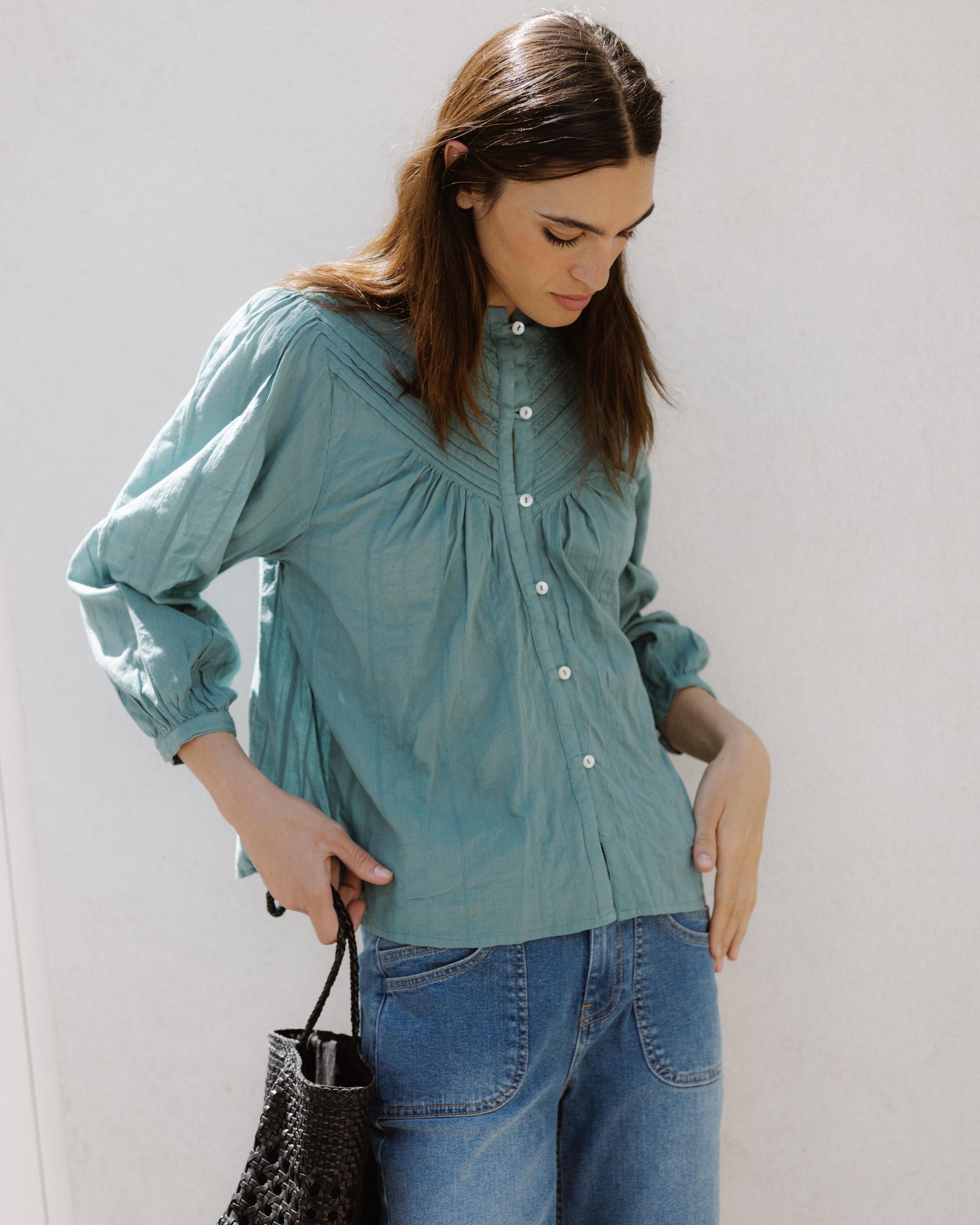 Blusa Tejido Rayas Puntillas Verde Agua