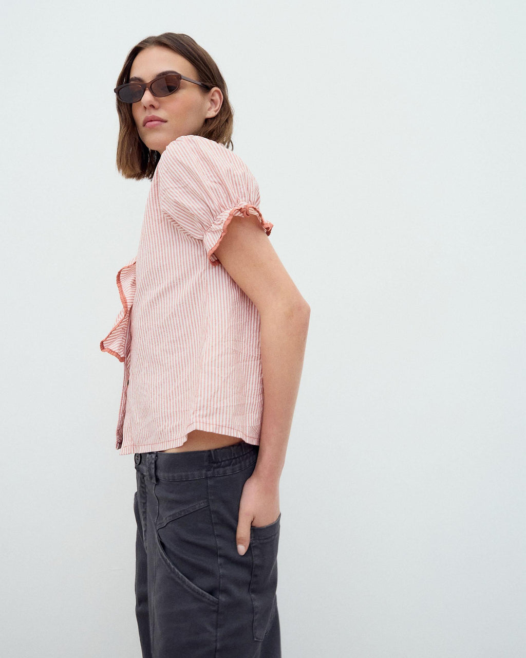 Camisa Volante Lateral Ribete Naranja