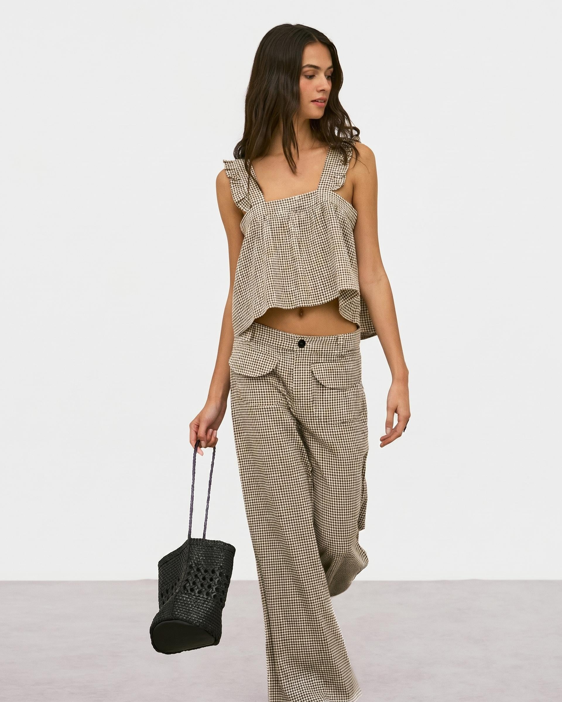 Top Cuadros Seersucker Beige