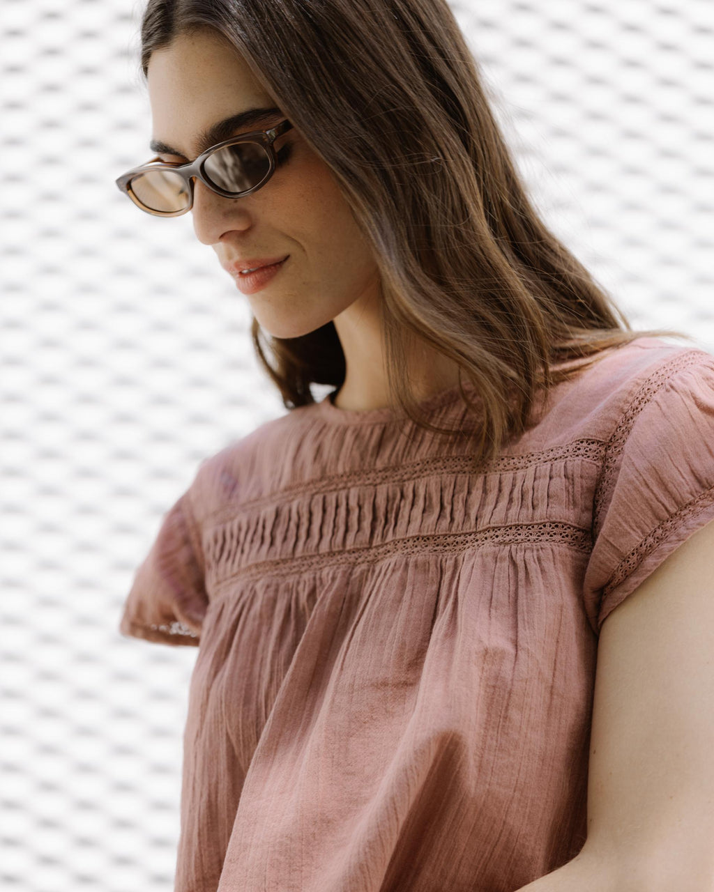 Blusa Manga Corta Puntillas Delantero Rosa Palo