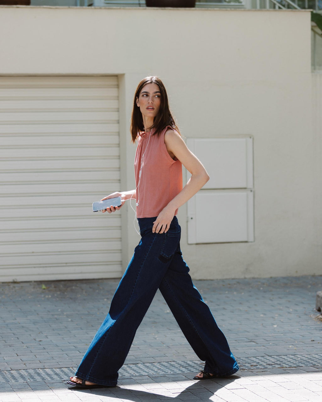 Top Lino Volante Cuello Coral