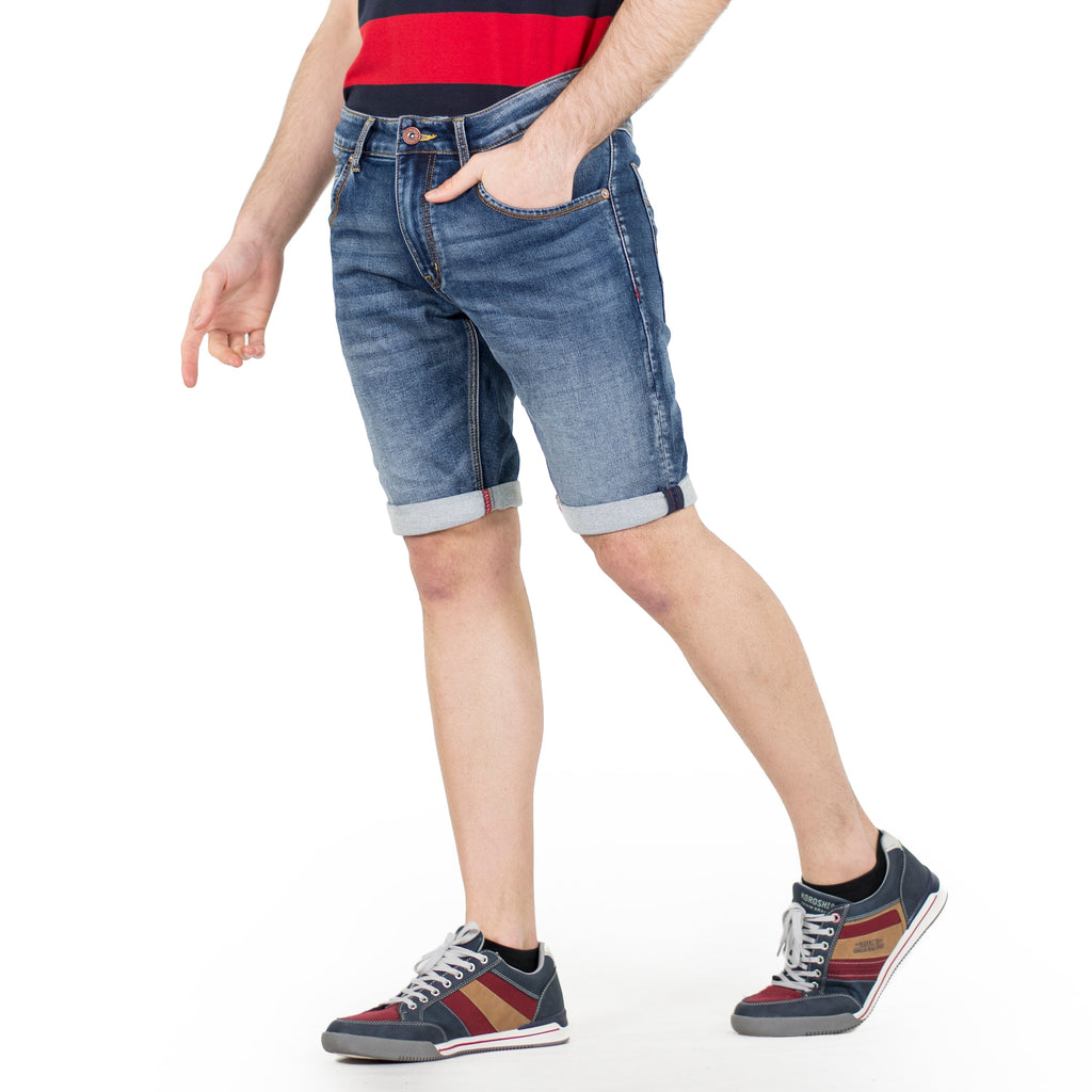 Bermuda Hombre Denim Stretch Estampado Texto – Koroshi Azul Medio