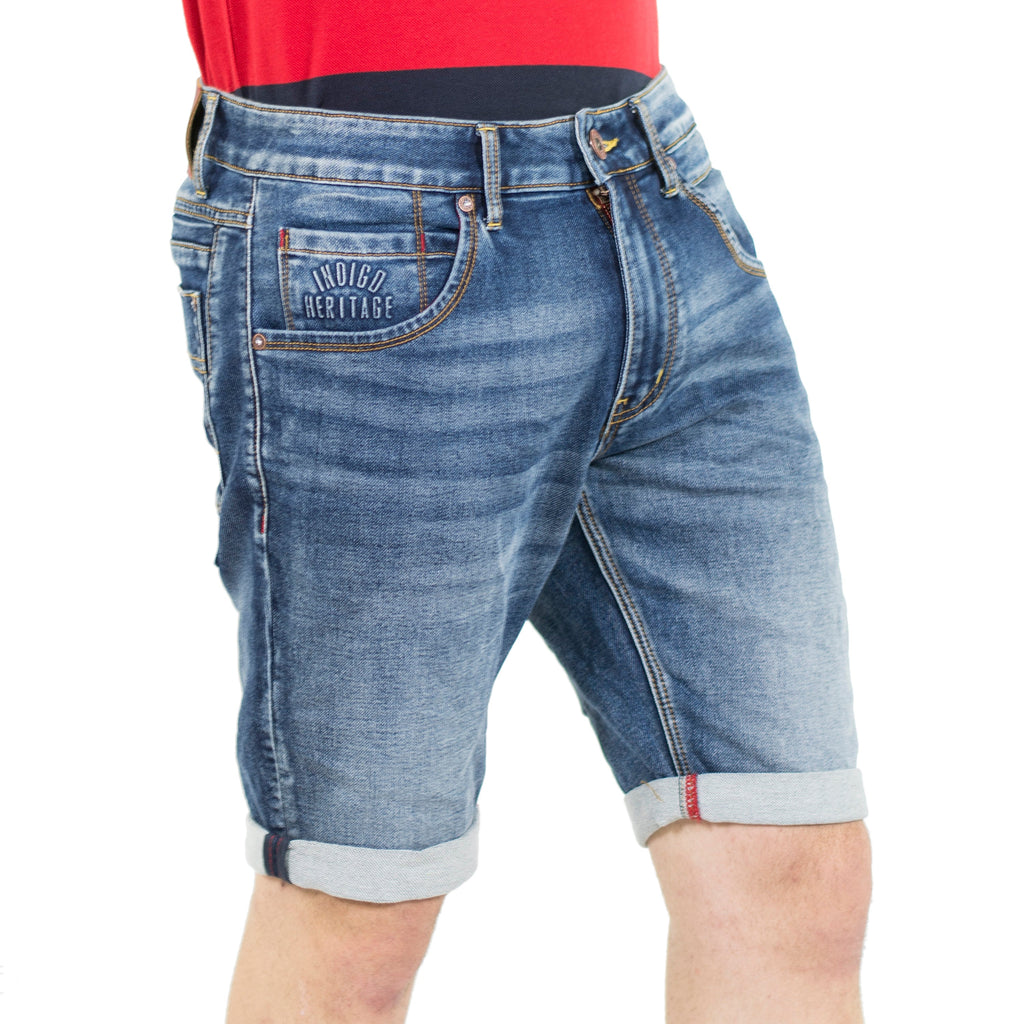 Bermuda Hombre Denim Stretch Estampado Texto – Koroshi Azul Medio