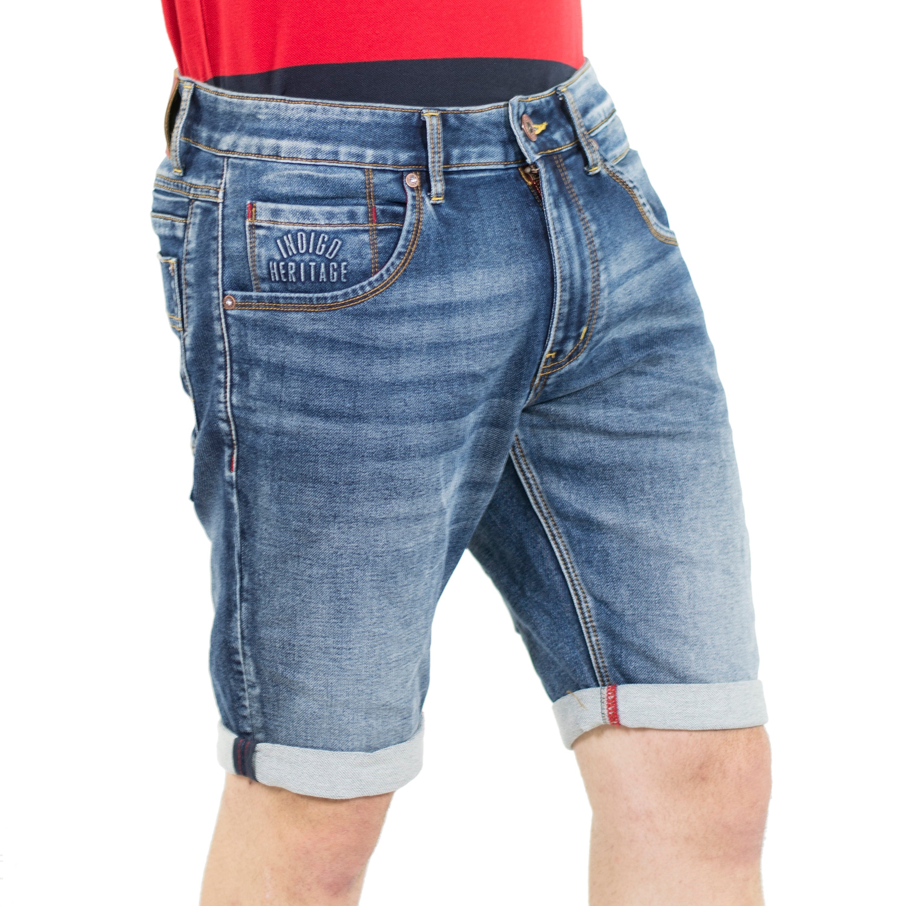 Bermuda Hombre Denim Stretch Estampado Texto – Koroshi Azul Medio