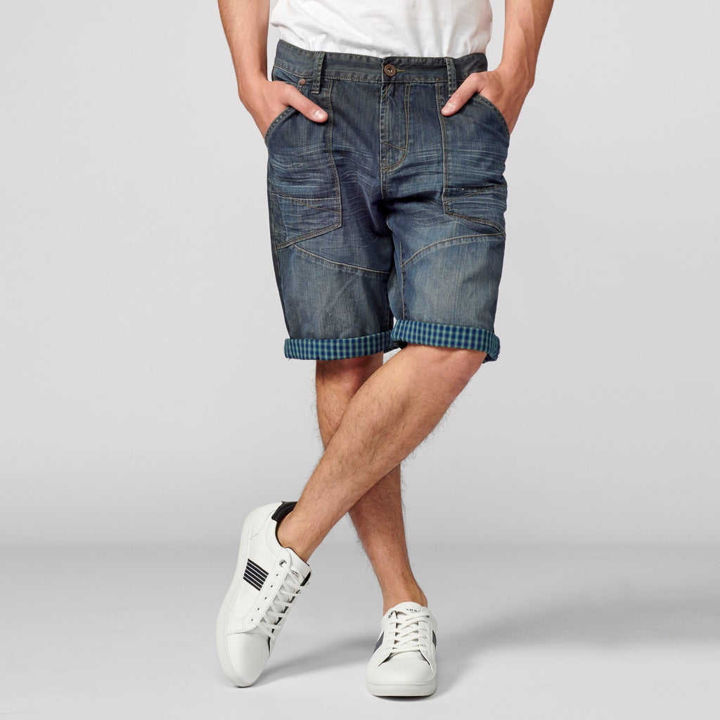 Bermuda Denim Loose Vuelta Cuadros Hombre Azul Oscuro – Koroshi
