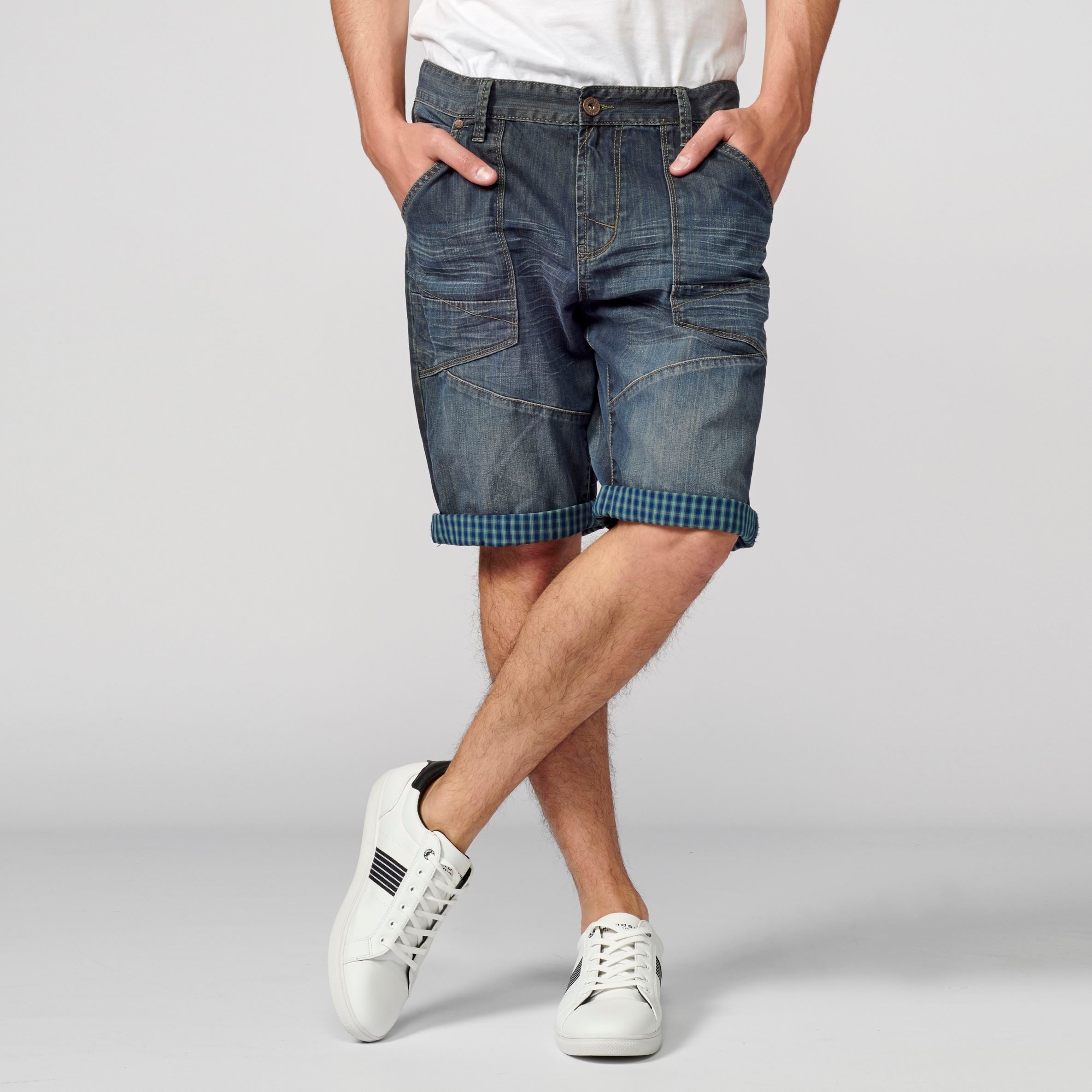Bermuda Denim Loose Vuelta Cuadros Hombre Azul Oscuro – Koroshi
