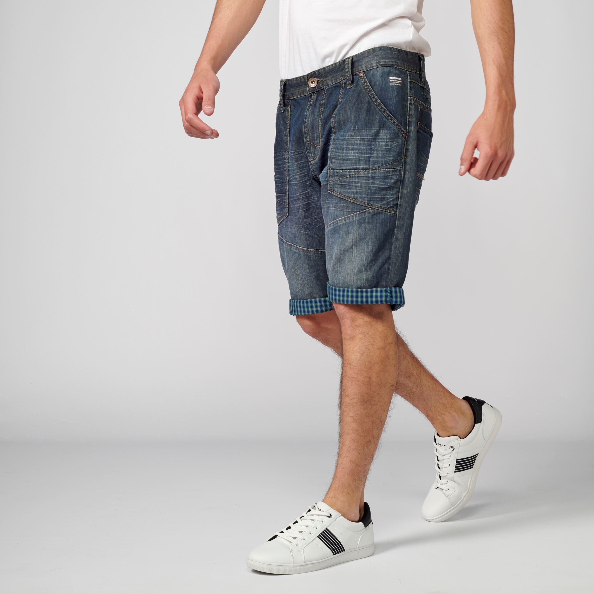Bermuda Denim Loose Vuelta Cuadros Hombre Azul Oscuro – Koroshi