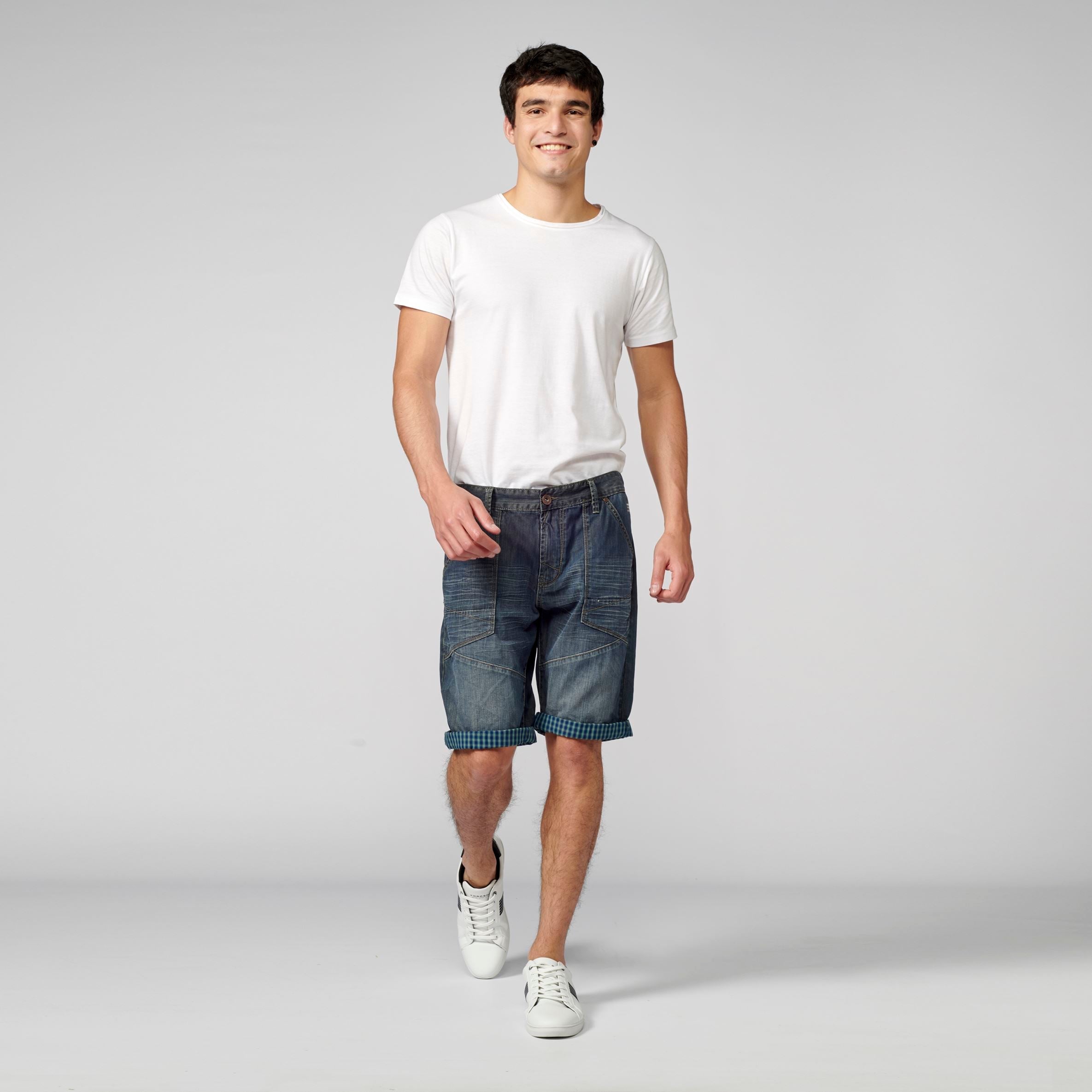 Bermuda Denim Loose Vuelta Cuadros Hombre Azul Oscuro – Koroshi