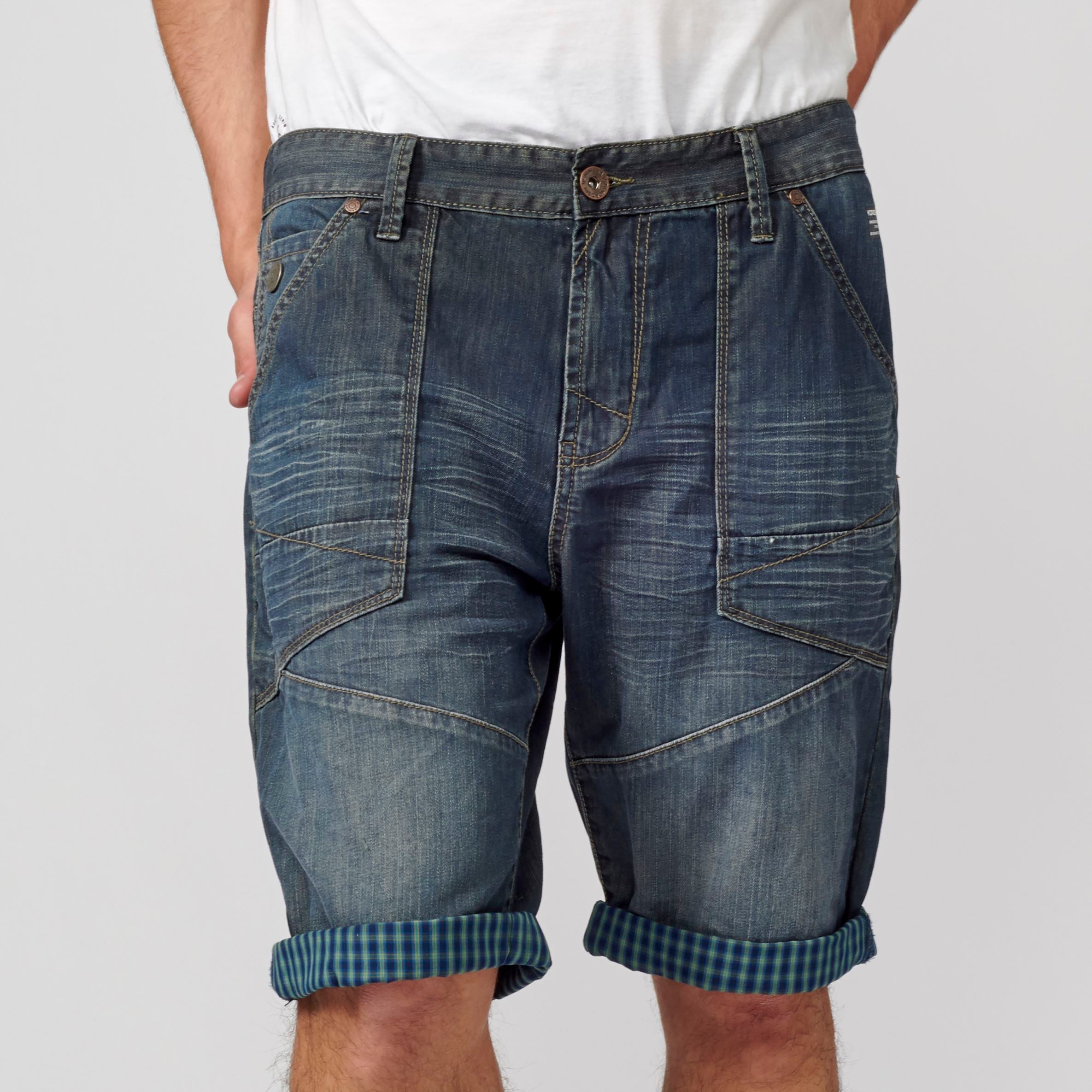 Bermuda Denim Loose Vuelta Cuadros Hombre Azul Oscuro – Koroshi