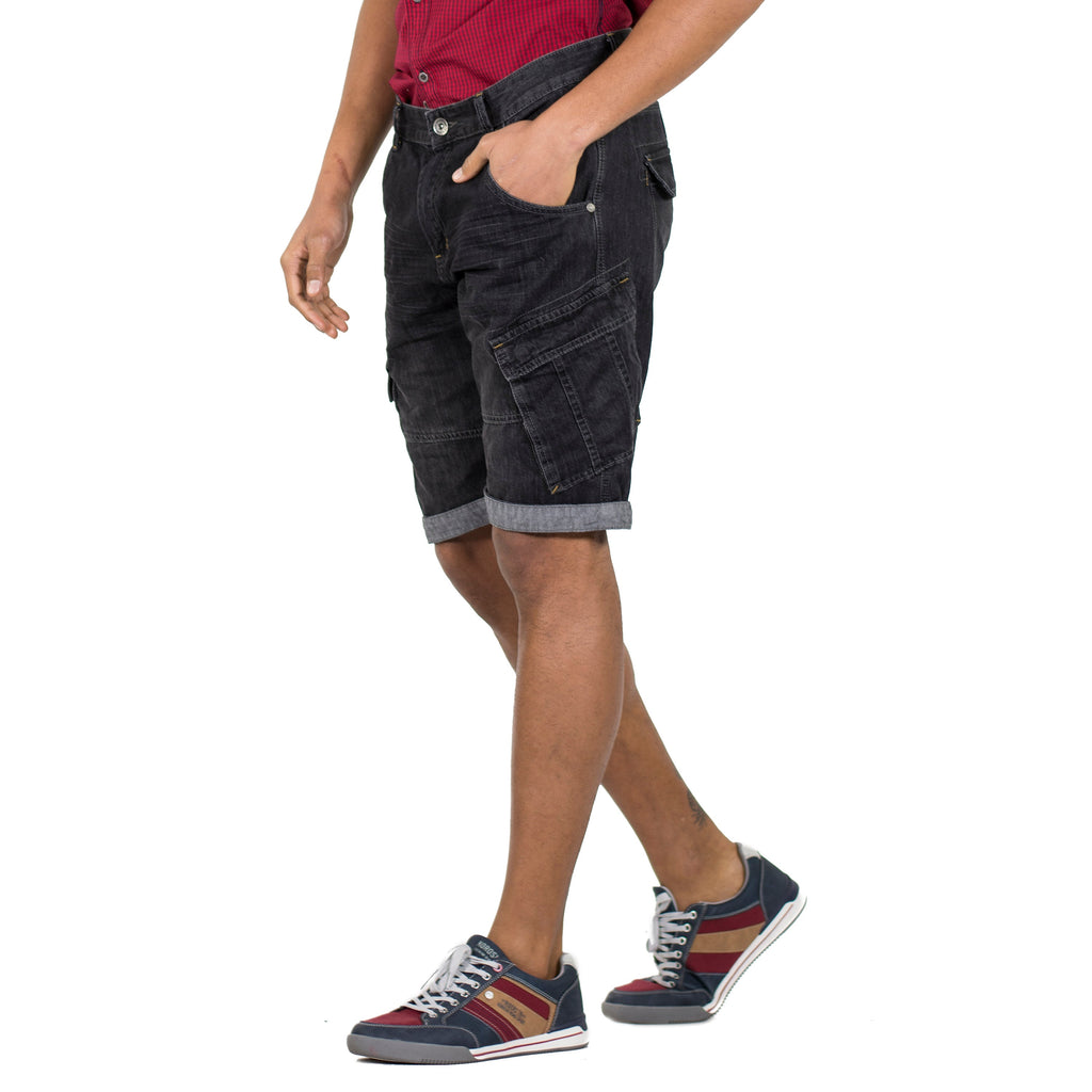 Bermuda Hombre Cargo Denim Loose Detalle Cortes – Koroshi Black Denim