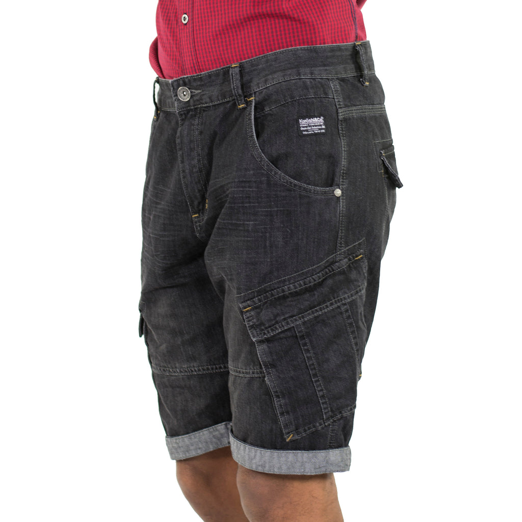 Bermuda Hombre Cargo Denim Loose Detalle Cortes – Koroshi Black Denim