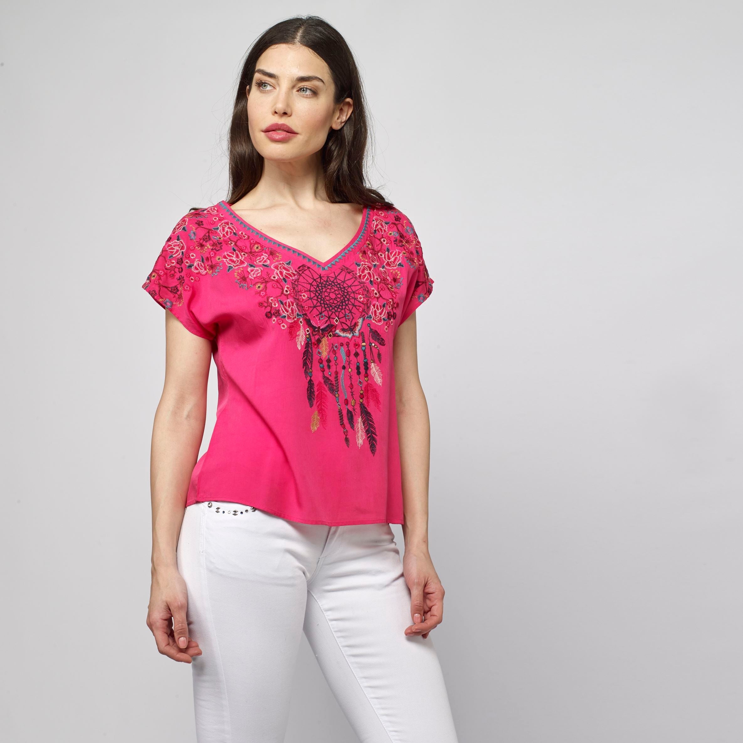 Blusa Fluida Bordada con Abalorios Mujer – Koroshi Coral