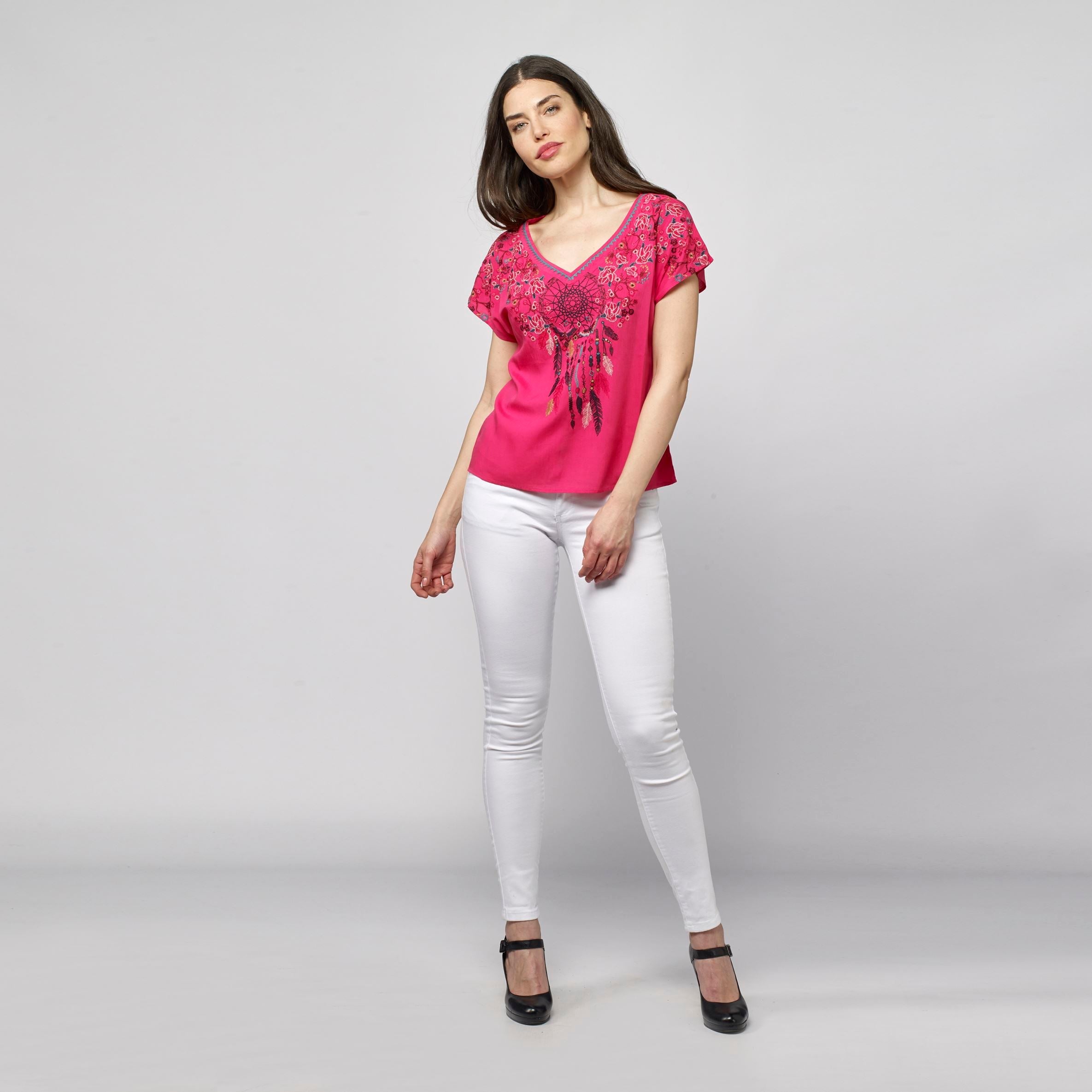 Blusa Fluida Bordada con Abalorios Mujer – Koroshi Coral