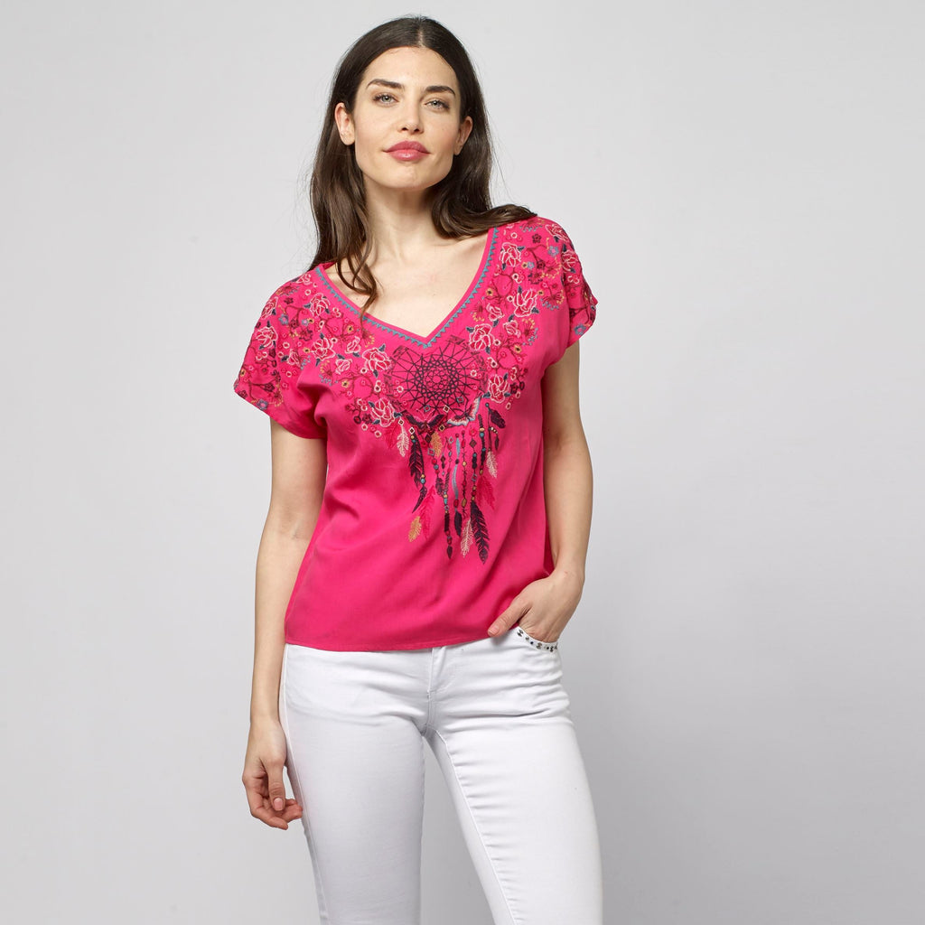 Blusa Fluida Bordada con Abalorios Mujer – Koroshi Coral