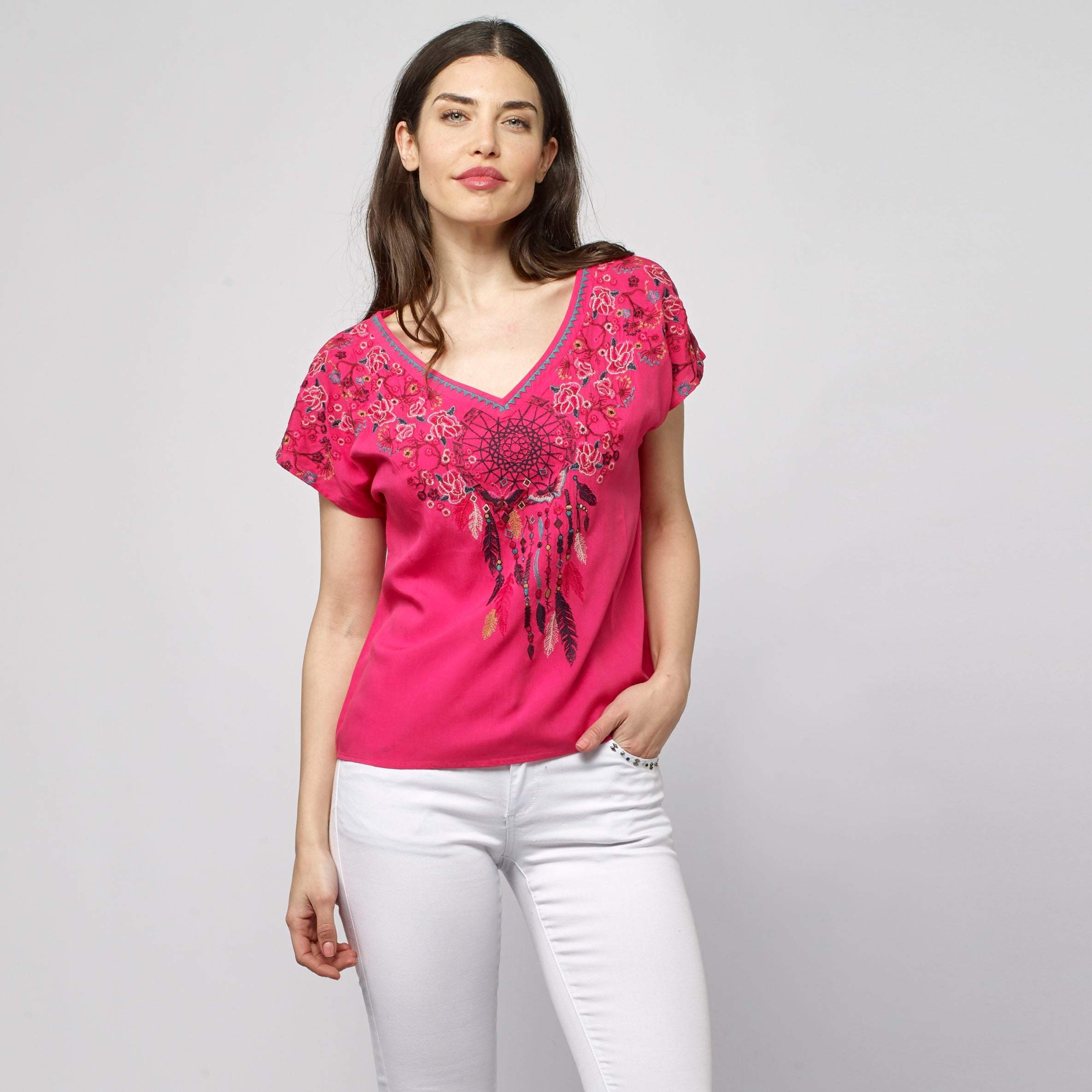 Blusa Fluida Bordada con Abalorios Mujer – Koroshi Coral