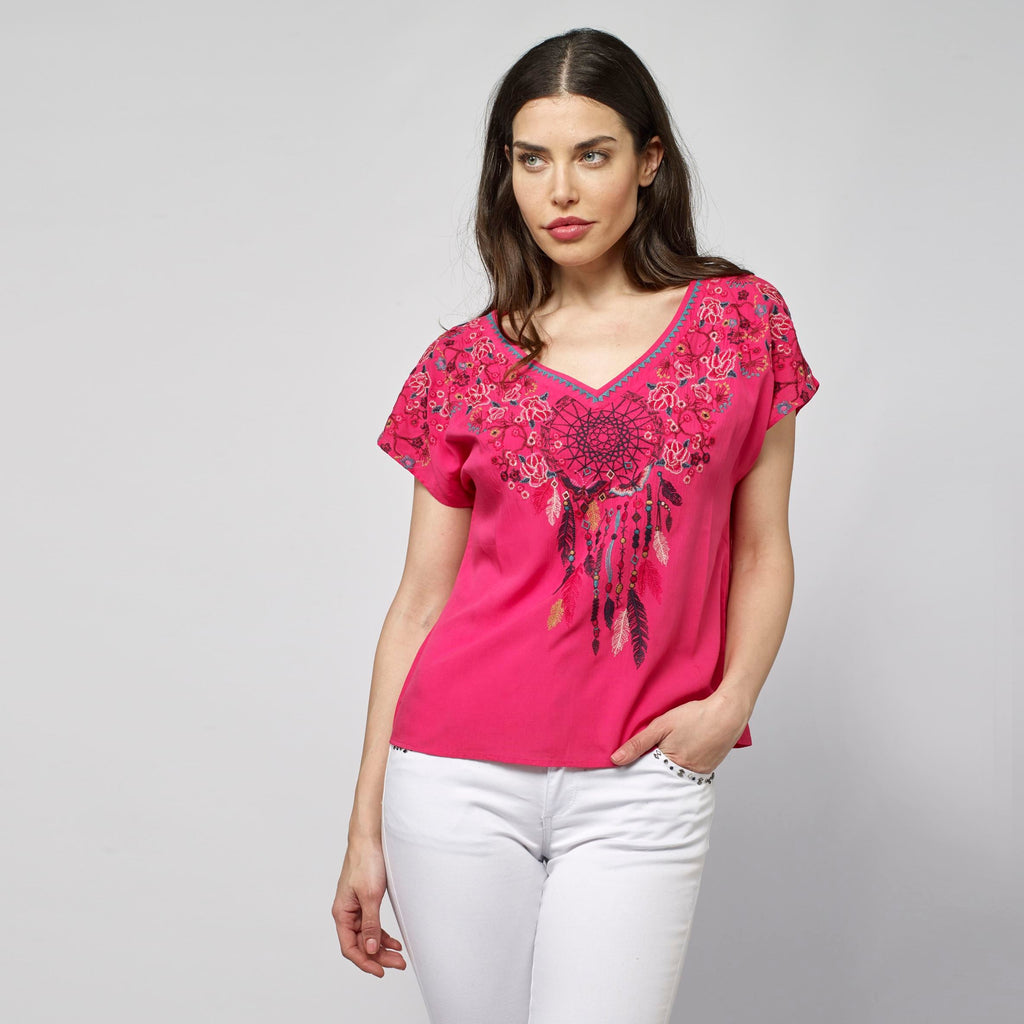 Blusa Fluida Bordada con Abalorios Mujer – Koroshi Coral