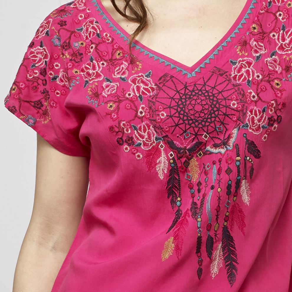 Blusa Fluida Bordada con Abalorios Mujer – Koroshi Coral