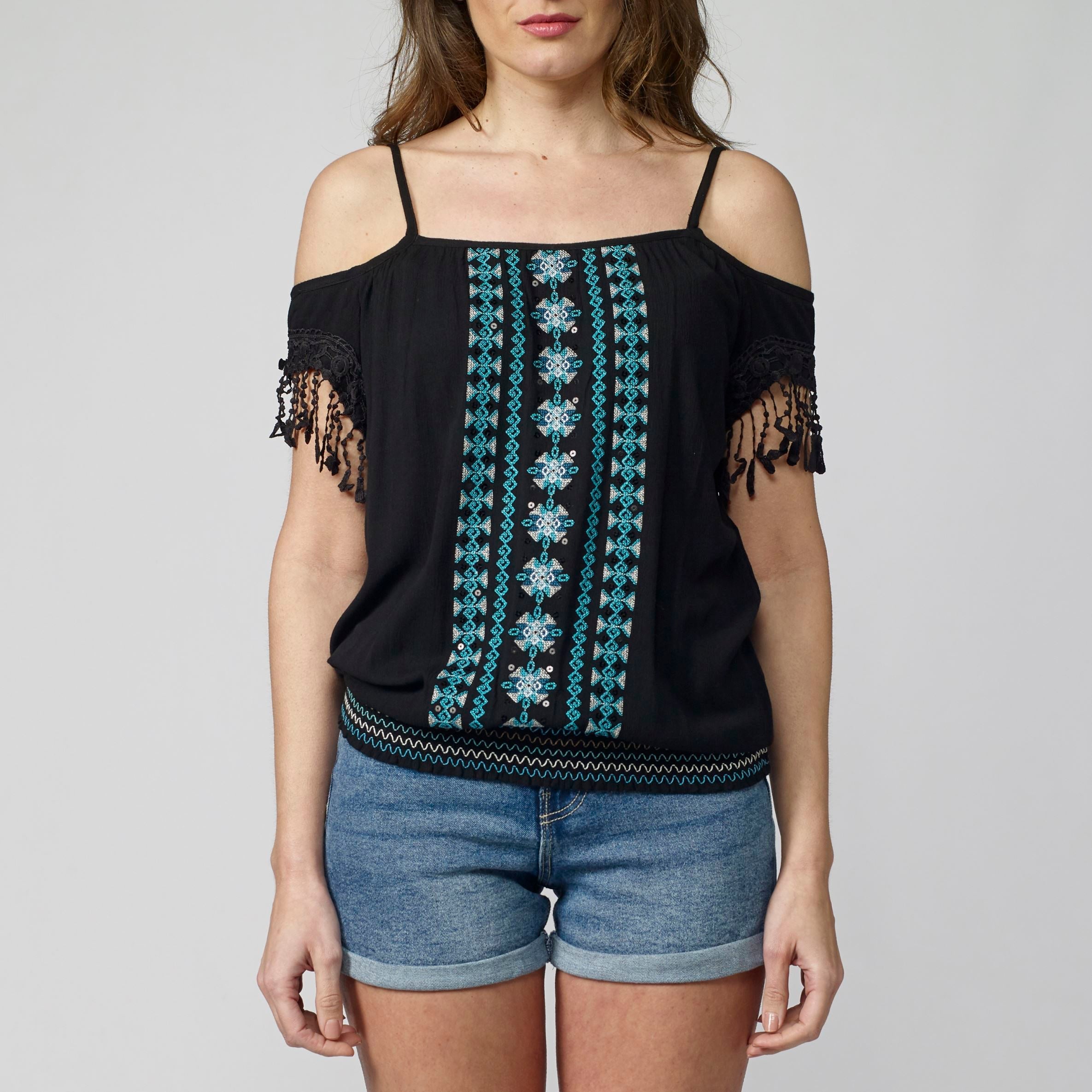 Blusa Bámbula Mujer Hombros Descubiertos con Bordados – Koroshi 2012BL91